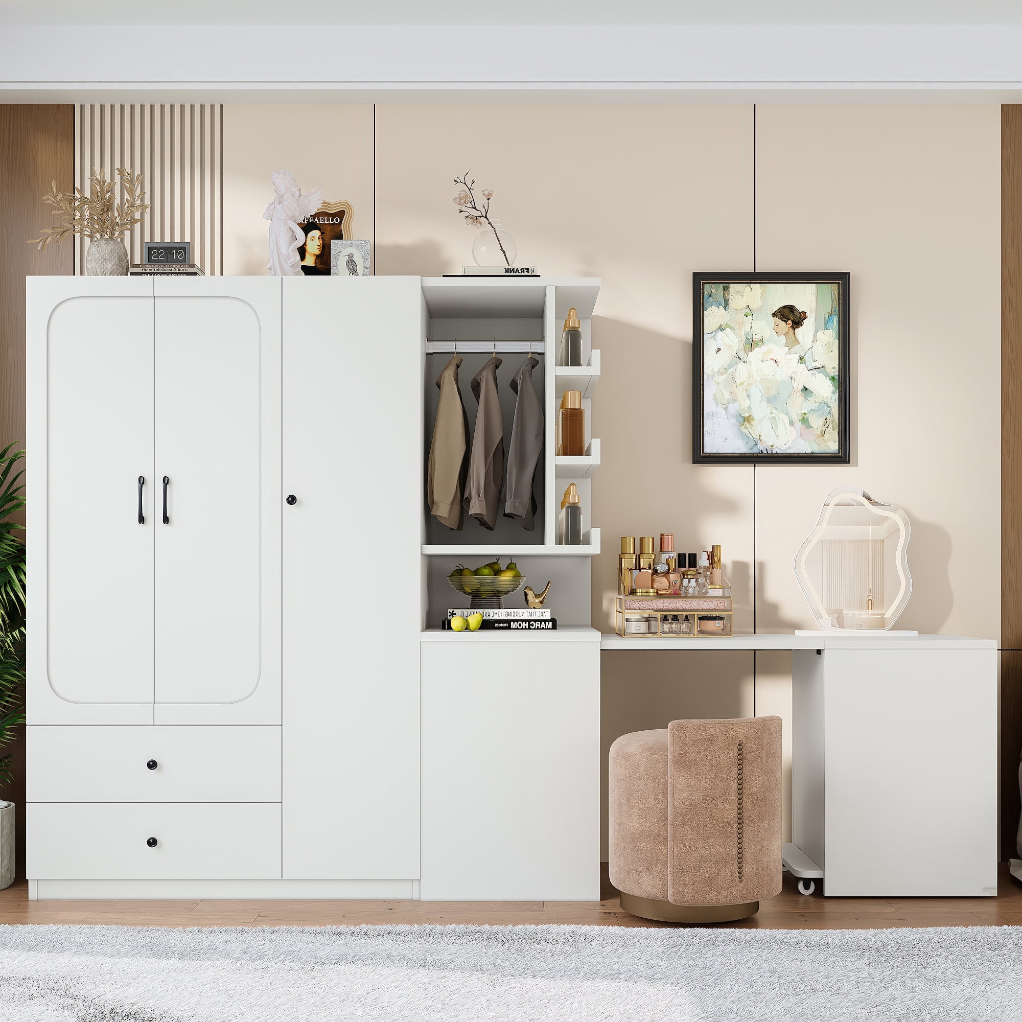 Mintazer Multifunctional Wardrobe Closet with Convertible Foldable Desk & Open Shelves, Clothes Storage Cabinet with Hanging Rod & Drawers for Bedroom Cloakroom Apartment, White