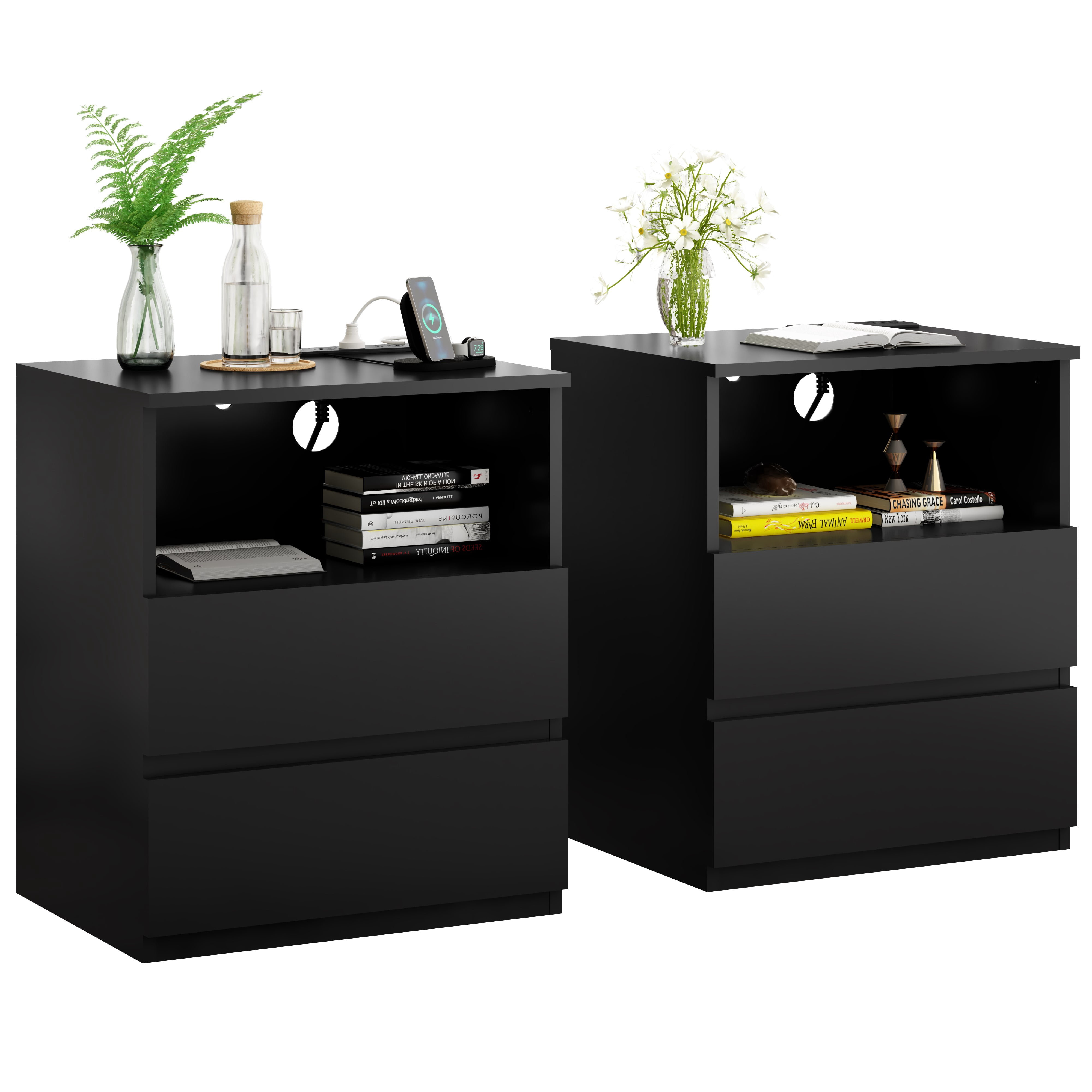 Mintazer Nightstand Set of 2, Bedside End Table with Charging Station, 2 Drawers & Open Storage Compartment, Particle Board Side Table for Bedroom Living Room, Black