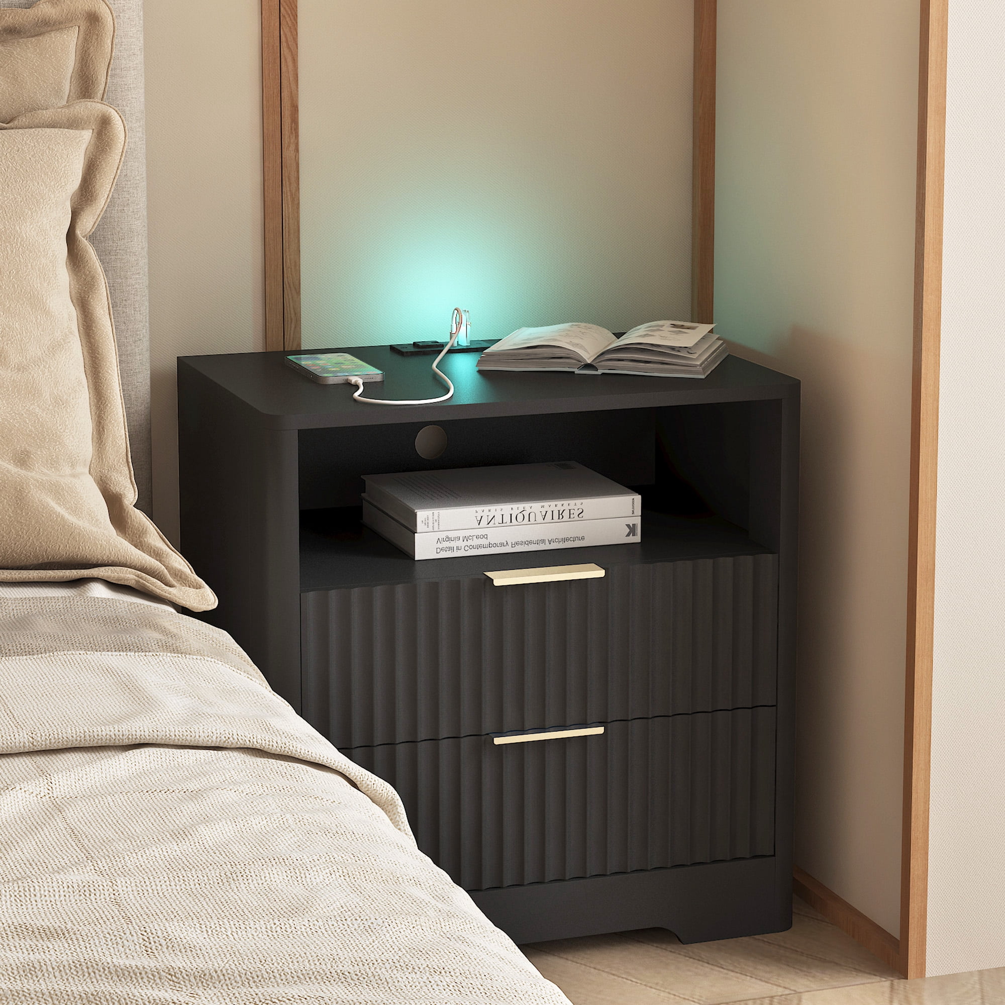 Mintazer Nightstand with Voice-Controlled LED Light & Charging Station, Bedside Table with 2 Drawer Open Shelf for Bedroom, Black