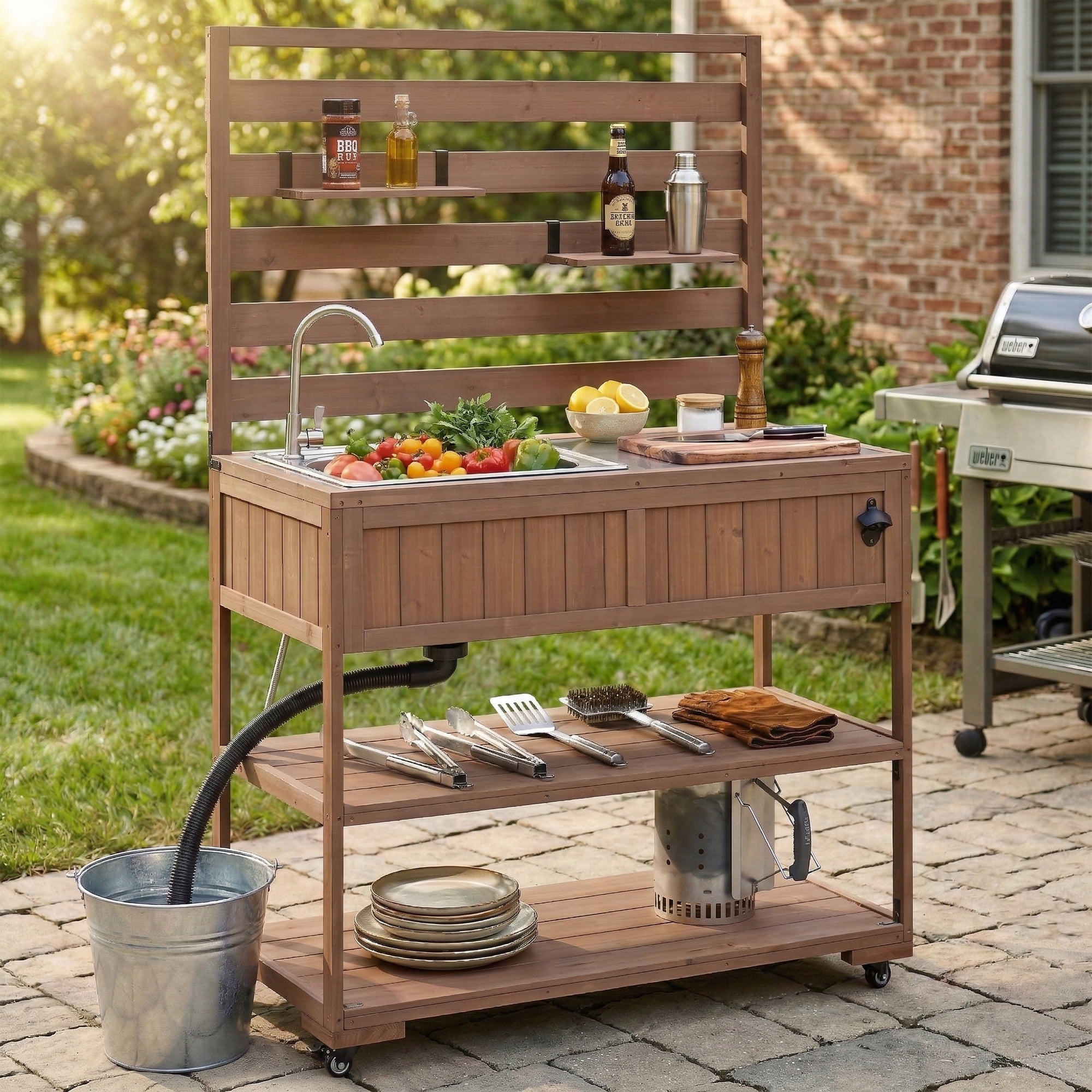 Mintazer Outdoor 41.7" Rolling Kitchen Island with Sink & Faucet, Garden Potting Bench with Stainless Table Top & 2 Movable Shelves and Bottle Opener, Brown