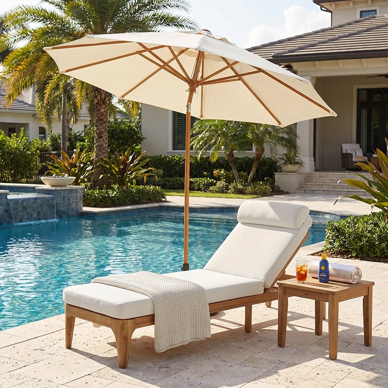 Mintazer Outdoor Chaise Lounge Chair with Removable Cushion & Head Pillow, Patio Recliner with 4 Gear Adjustable Recliner & Anti-Slip Feet for Poolside Backyard, Natural & Beige