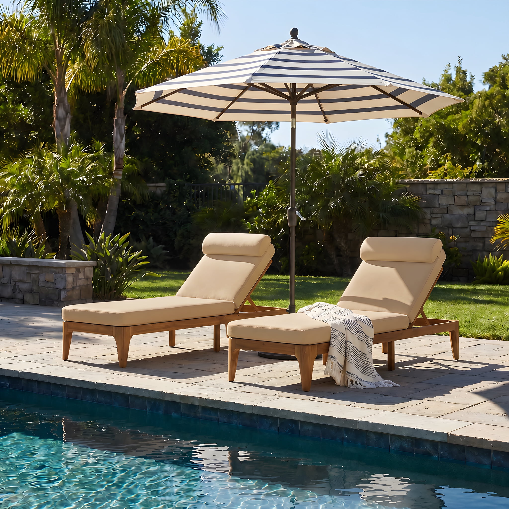 Mintazer Outdoor Chaise Lounge Set of 2, Sun Lounge Chair with Removable Cushion & Head Pillow, Patio Recliner with 4 Gear Adjustable Recliner for Poolside Deck, Natural & Brown