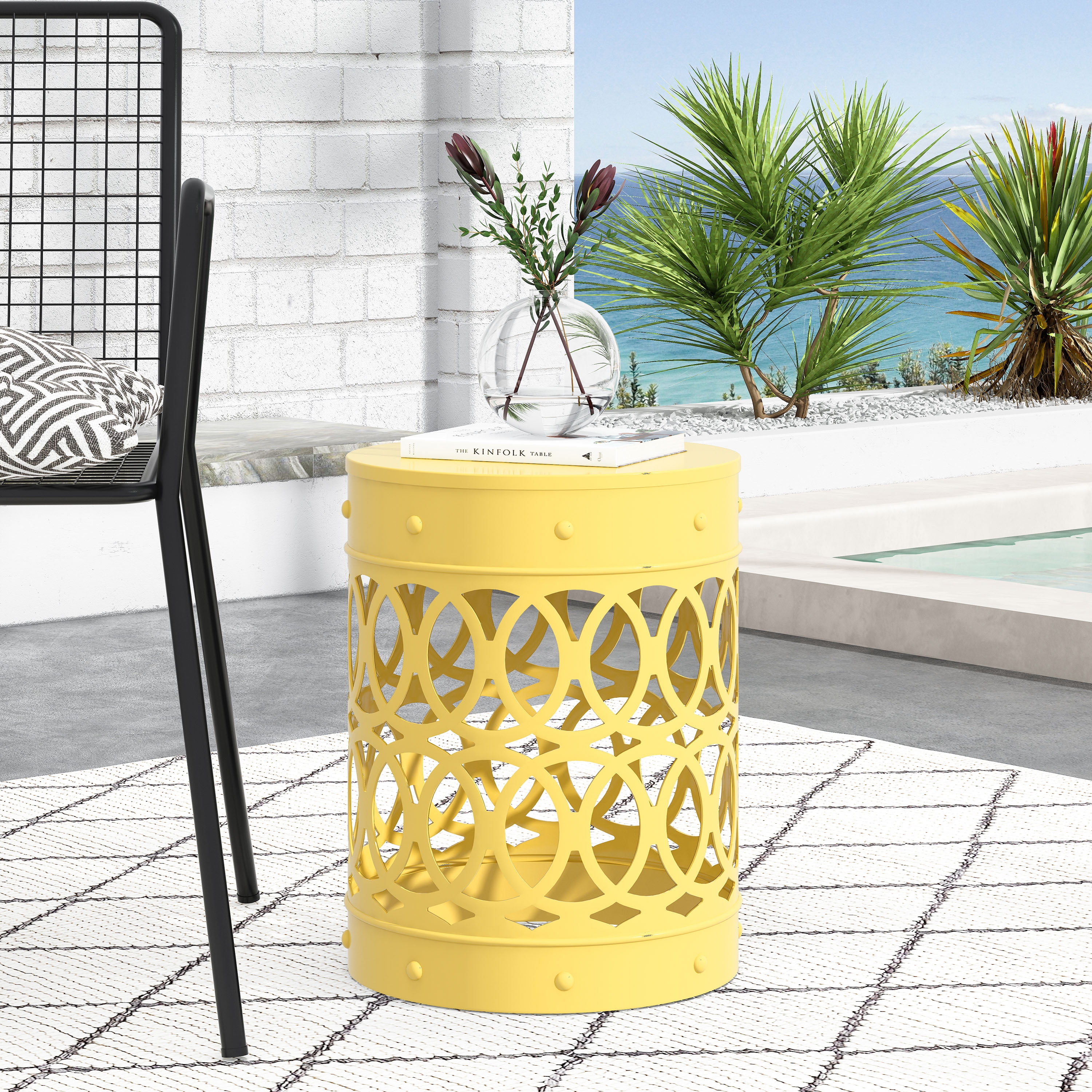 Mintazer Outdoor Metal Side Table, Modern Iron Cut PatioTable with Overlapping Circle Pattern, Yellow
