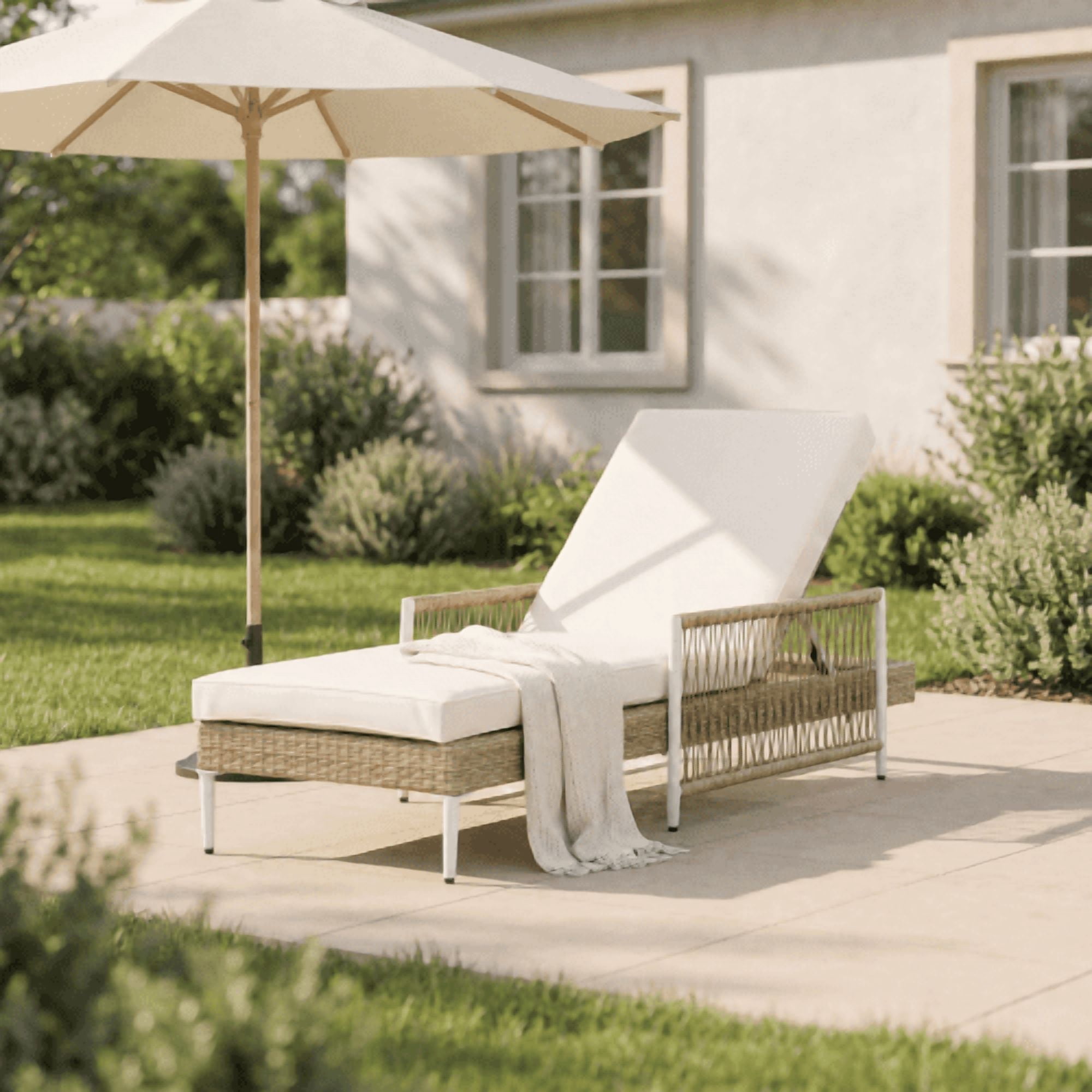 Mintazer Outdoor PE Rattan Chaise Lounge Chair with Water-Resistant Cushion, Patio Wicker Lounge Chair with 6 Gear Adjustable Recliner & Arms for Poolside Backyard, Natural & Beige