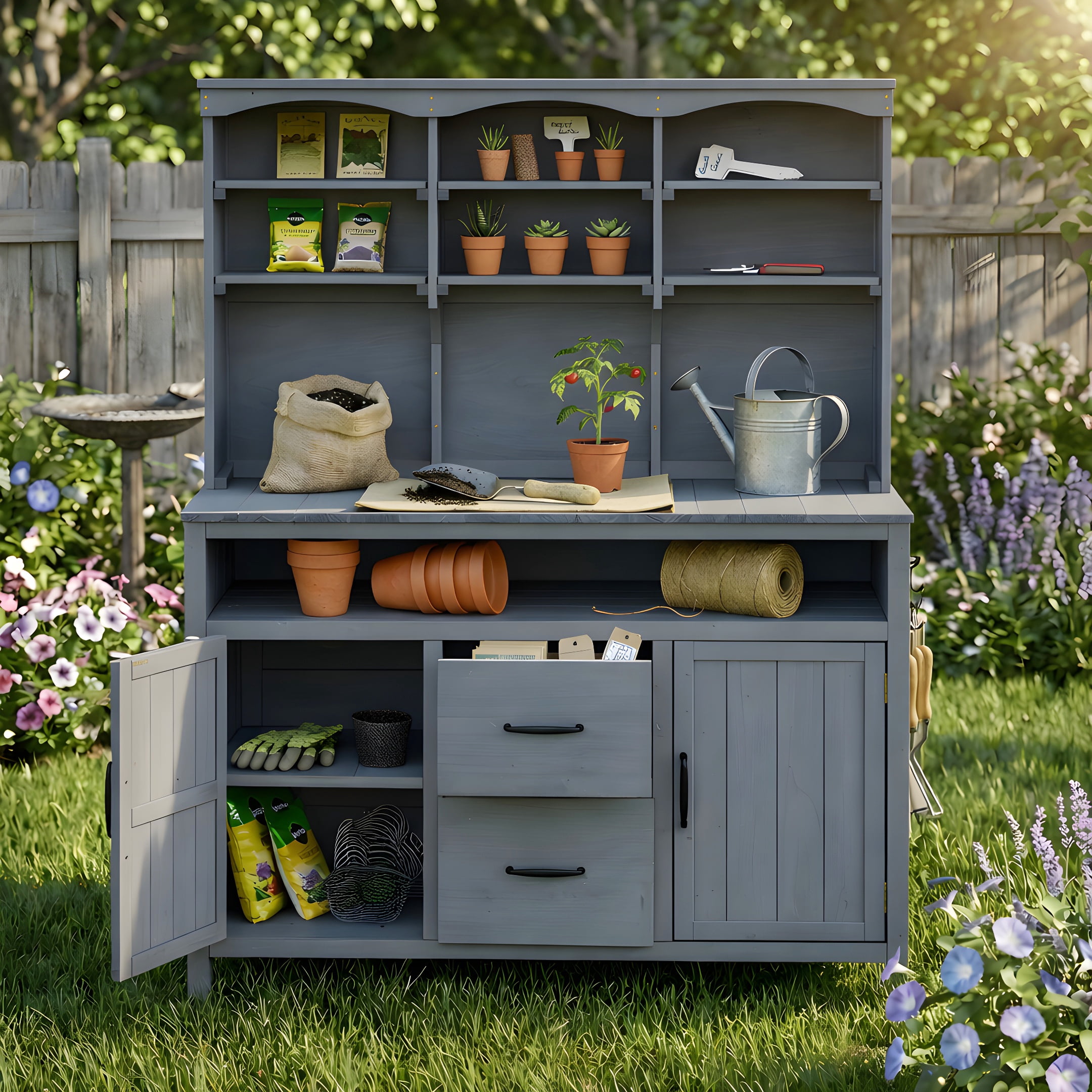 Mintazer Outdoor Potting Bench with Cabinets, 65"H Multi-Functional Patio Kitchen Island with 2 Drawers & Hooks, Large Countertop for Gardening Grill, Gray
