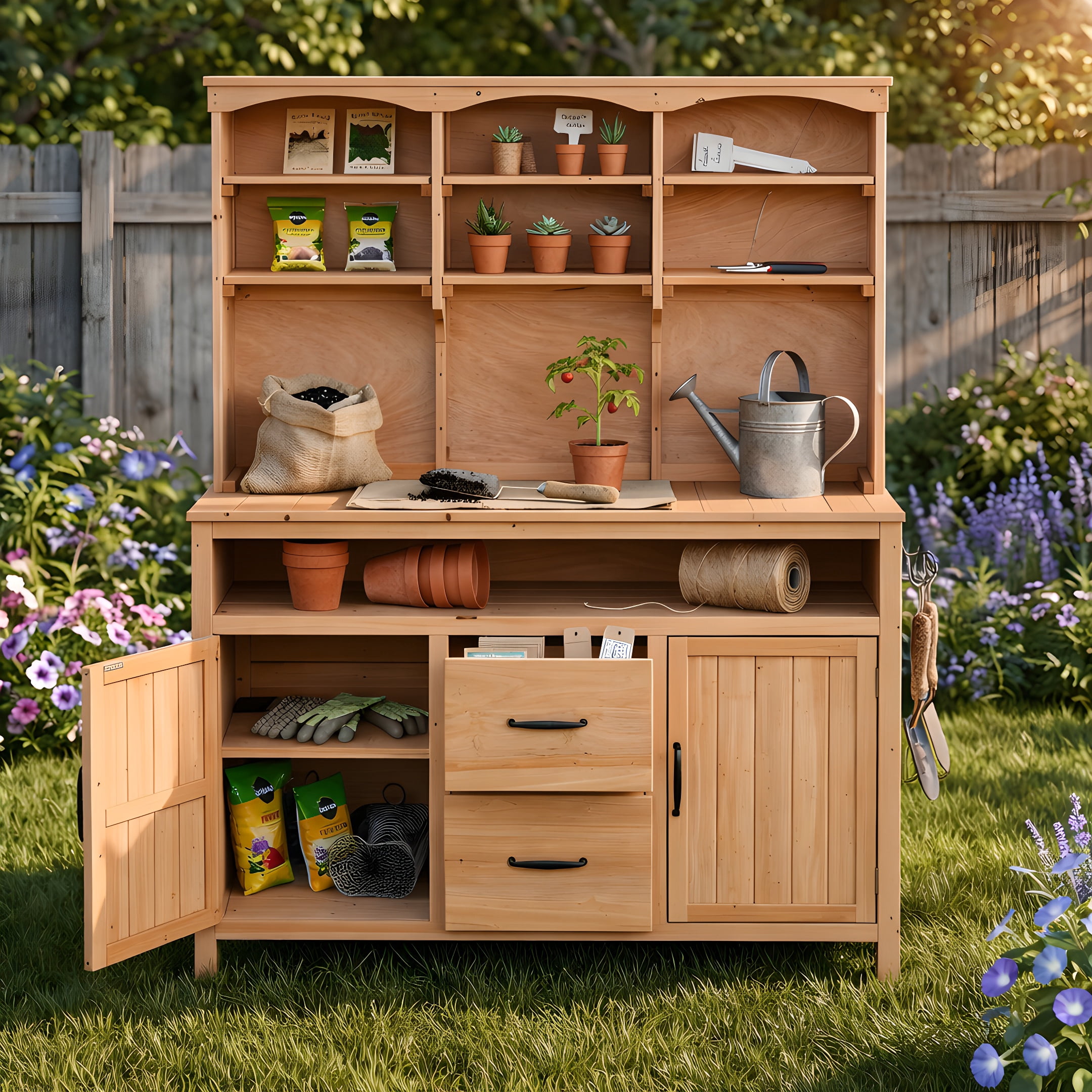 Mintazer Outdoor Potting Bench with Cabinets, 65"H Multi-Functional Patio Kitchen Island with 2 Drawers & Hooks, Large Countertop for Gardening Grill, Natural