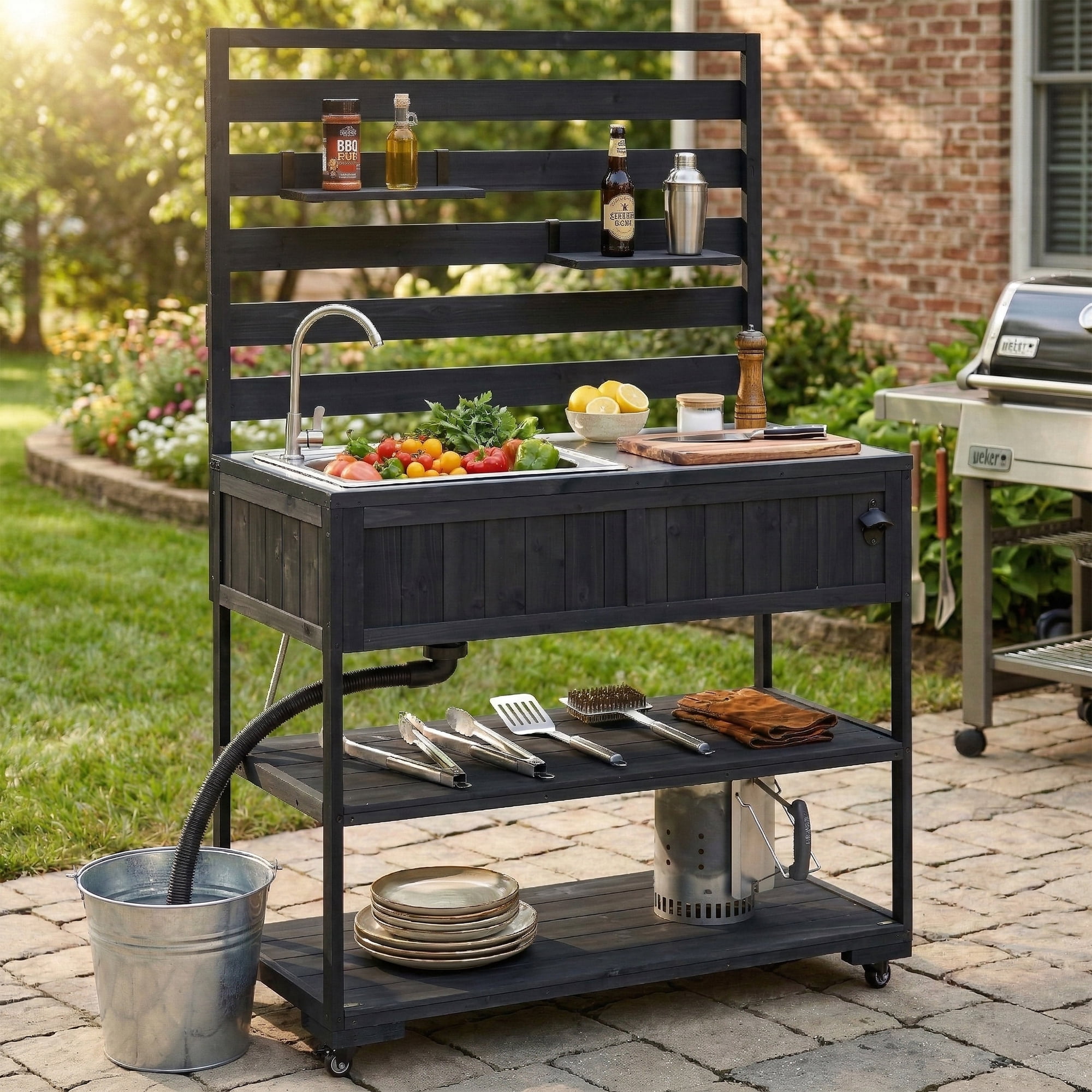 Mintazer Outdoor Rolling Kitchen Island with Sink & Faucet, Garden Potting Bench with Stainless Table Top & 2 Movable Shelves and Bottle Opener, Black