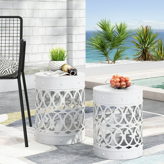 Mintazer Outdoor Side Table Set of 2, Modern Iron Cut PatioTable with Overlapping Circle Pattern, White