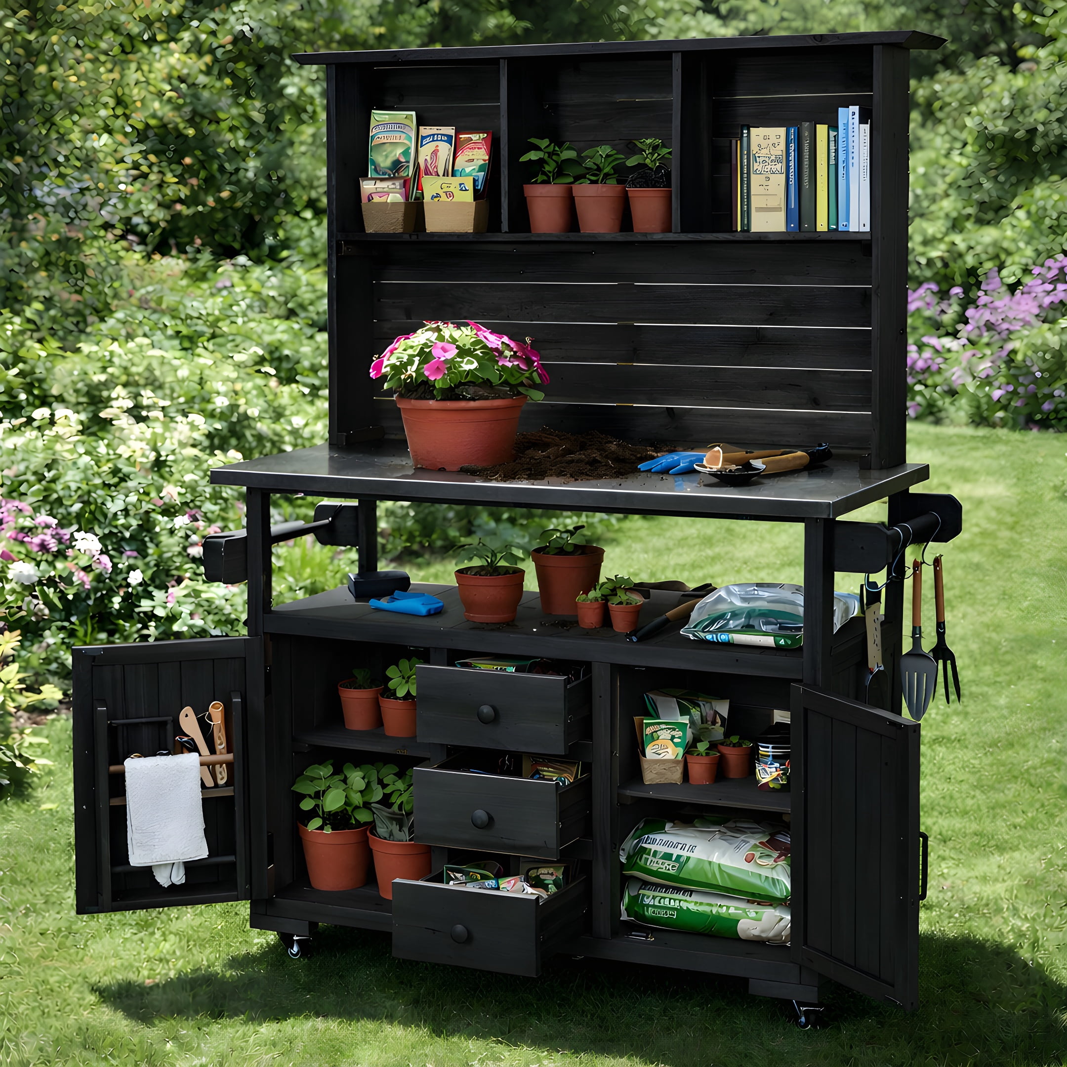 Mintazer Outdoor Storage Potting Bench with Stainless Steel Top, 65"H Wood Garden Potting Station with Lockable Wheels and Drawers & Side Hooks, Black