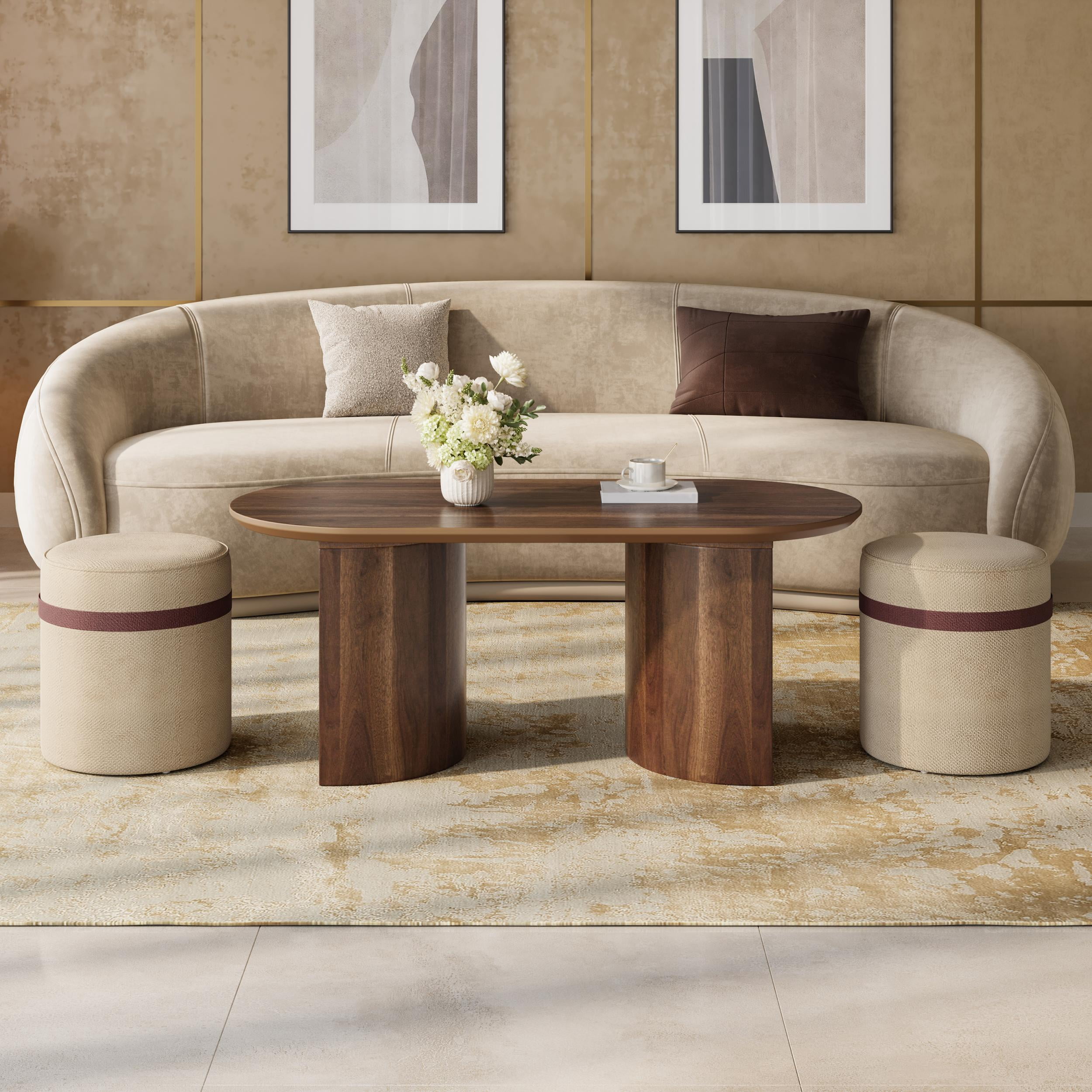Mintazer Oval Coffee Table Set with 2 Nesting Fabric Stools, Coffee Table with Curved Legs for Small Apartment Living Room, Walnut