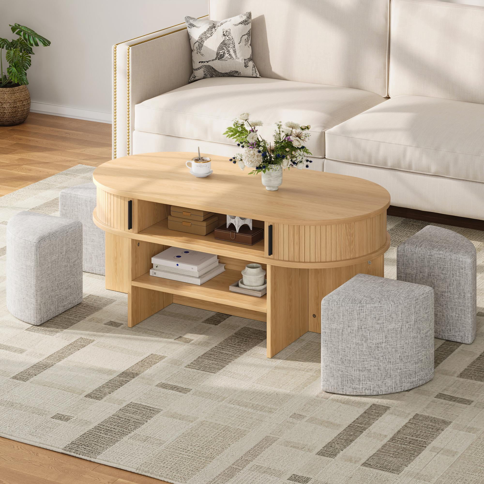 Mintazer Oval Coffee Table with 4 Upholstered Stools, Coffee Table with Slatted Storage Cabinet & Open Shelves for Living Room Apartment, Natural