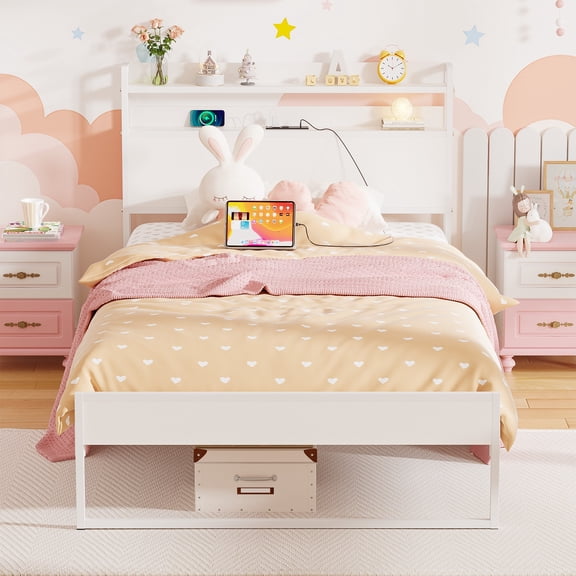 Mintazer Power Outlet Twin Metal Platform Bed Frame with 2-Tier Storage Charging Station Headboard for Kids Bedroom Furniture, White
