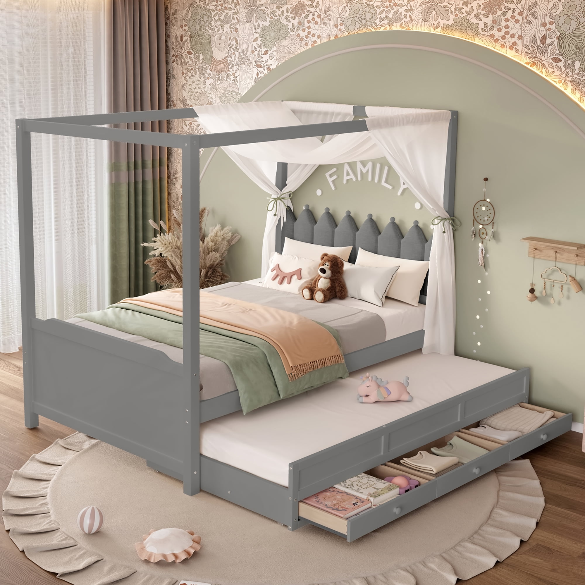 Mintazer Princess Upholstered Headboard Full Size Platform Canopy Bed Frame with Twin Trundle and 3 Storage Drawers for Kids Girls, Gray