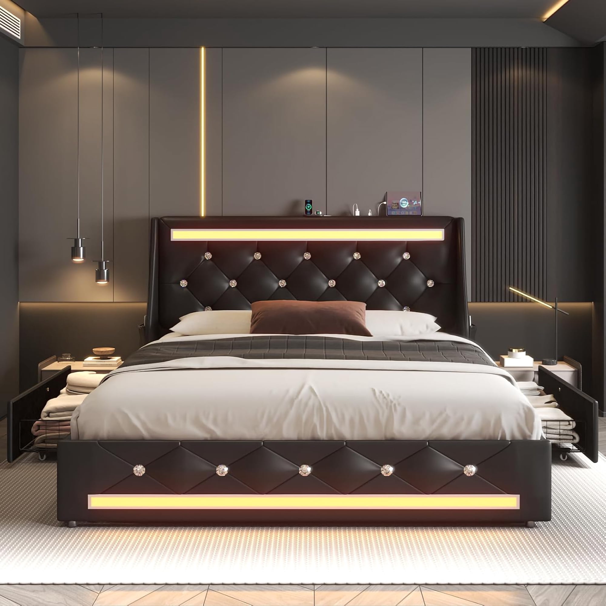 Mintazer Queen Bed Frame with 2 Storage Drawers, LED Lights & Charging Station, Diamond Tufted Upholstered Platform Bed with 2 Side Storage Pockets for Bedroom, Black