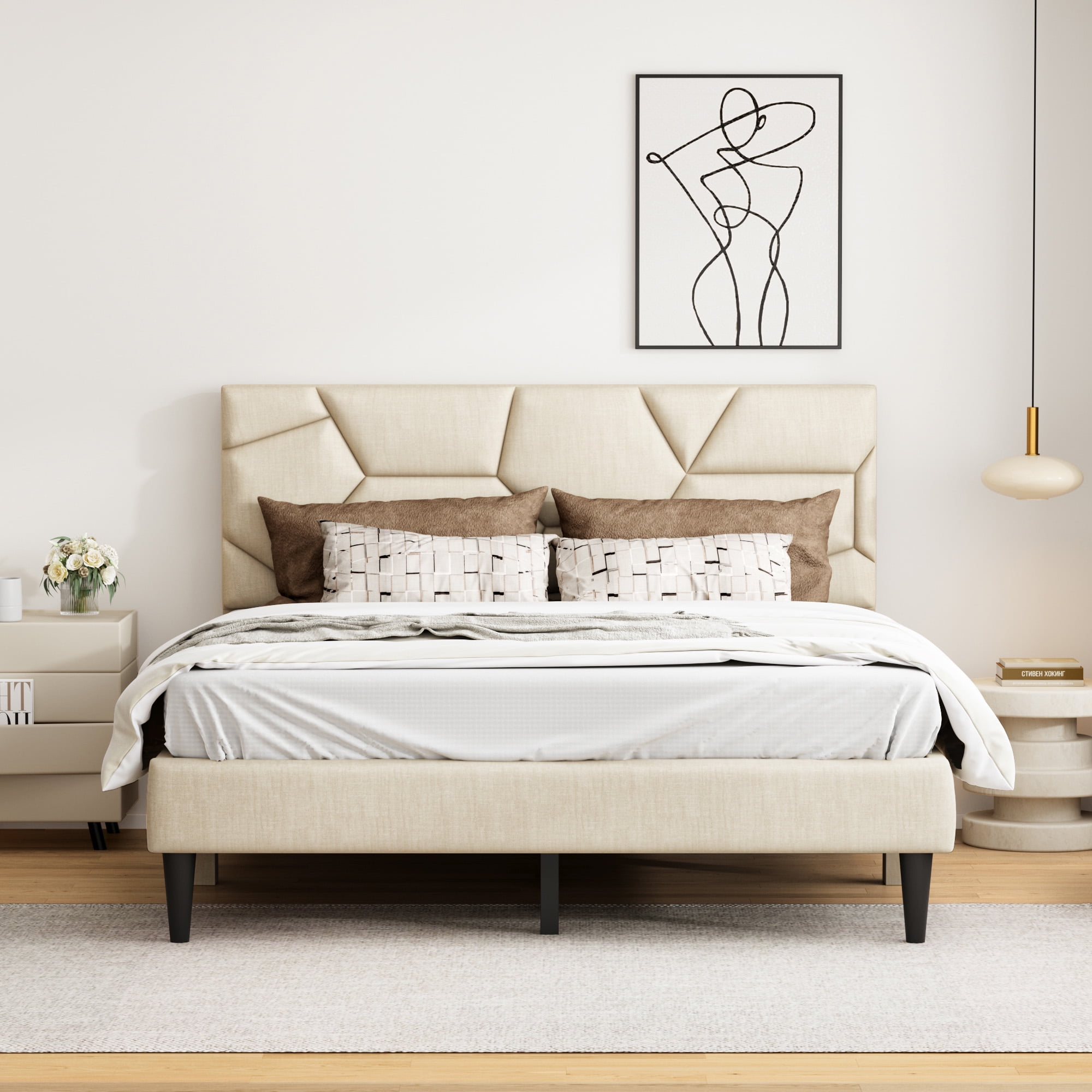 Mintazer Queen Bed Frame with Upholstered Headboard, Modern Heavy Duty Steel Platform Bed Frame for Bedroom, No Box Spring Needed, Beige