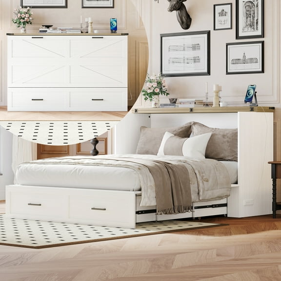 Mintazer Queen Farmhouse Murphy Cabinet Bed with Charging Station & Storage Drawers, Foldable Platform Bed for Bedroom Guest Room, White