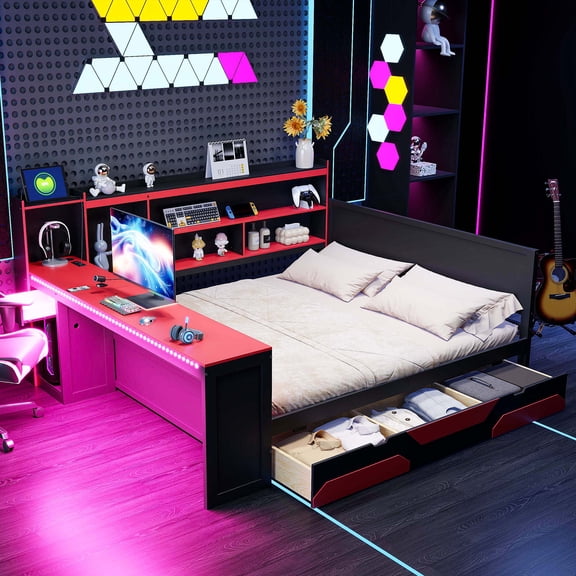 Mintazer Queen Gaming Platform Bed with Desk and Lights & Charging Station, Modern Daybed with 3 Storage Drawers & Headboard Bookcase, Black & Red