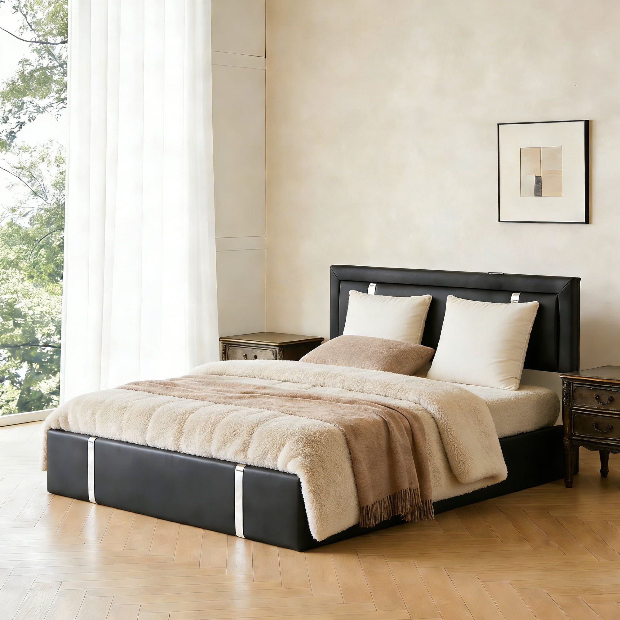 Mintazer Queen Lift Up Storage Bed Frame with LED Lights & Charging Station, Upholstered Platform Bed with Adjustable Headboard for Bedroom, Black