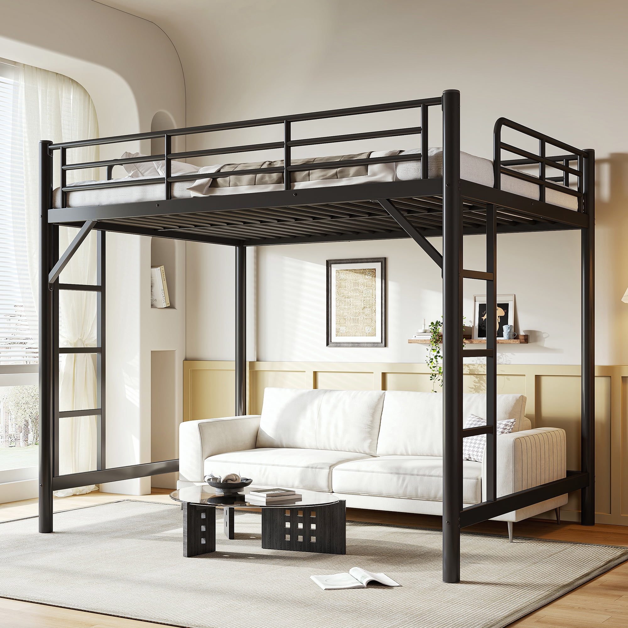 Mintazer Queen Metal Loft Bed Frame with Side Ladders & Guardrails for Teens Adults, No Box Spring Needed, Black