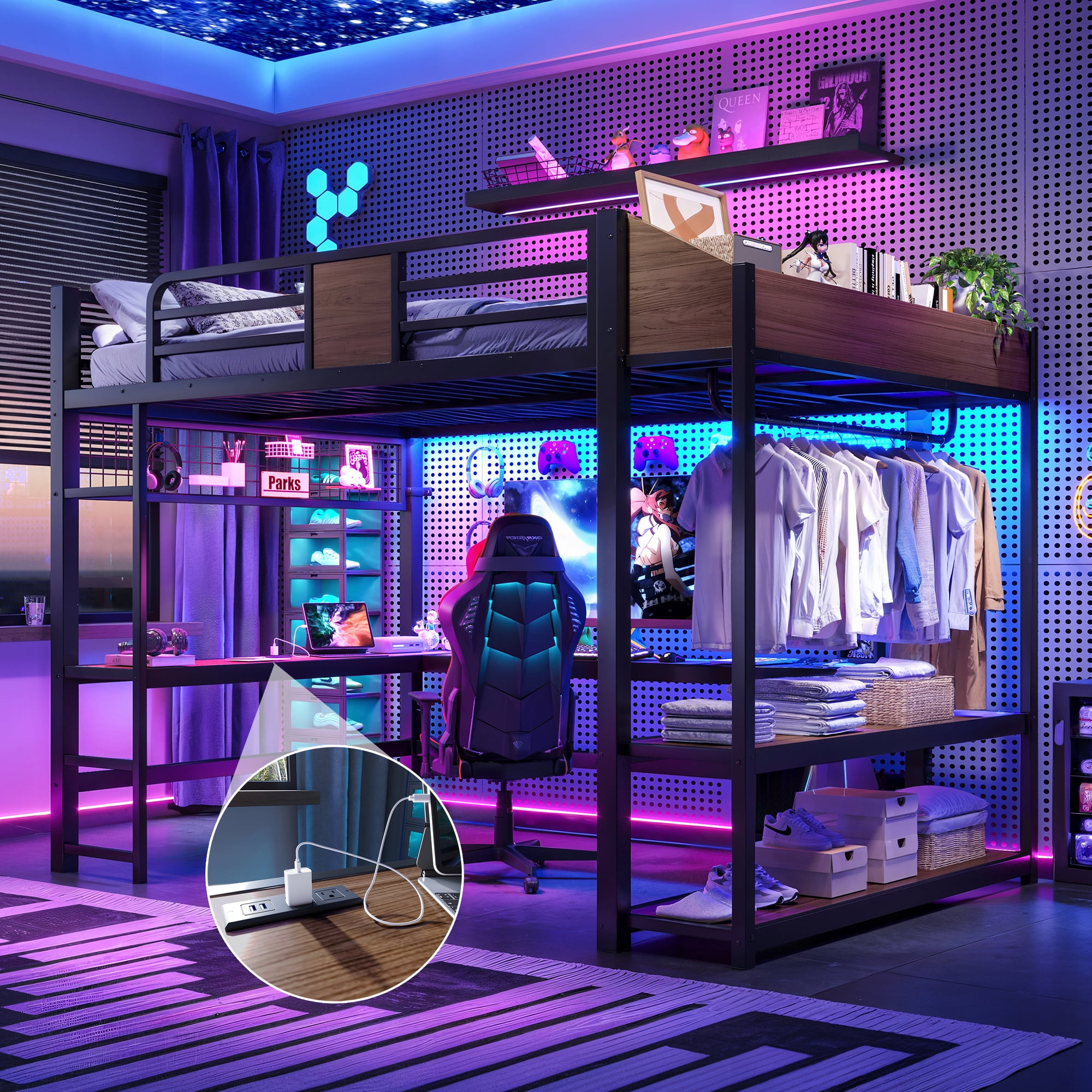 Mintazer Queen Metal Loft Bed with L-Shaped Desk & LED Light Strip, Loft Bed Frame with Charging Station and Clothes Hanging Rod & Storage Shelves for Teen Adult Small Apartment Dorm, Black & Walnut