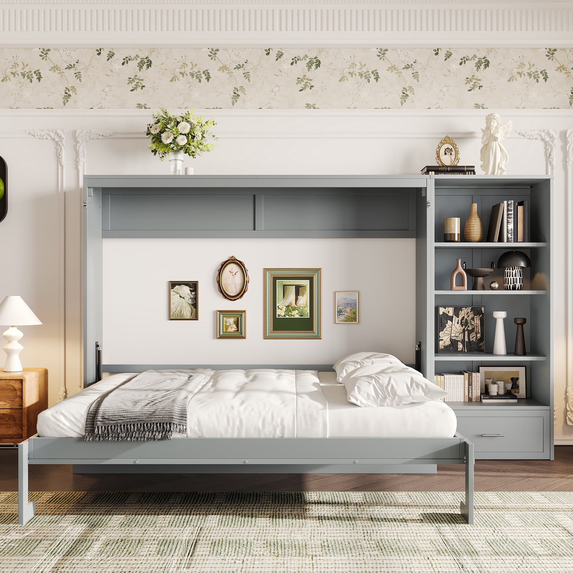 Mintazer Queen Murphy Bed with Reversible Storage Cabinet, Multifunctional Foldable Platform Bed with Adjustable Shelves & Drawer for Guest Room Bedroom, Gray