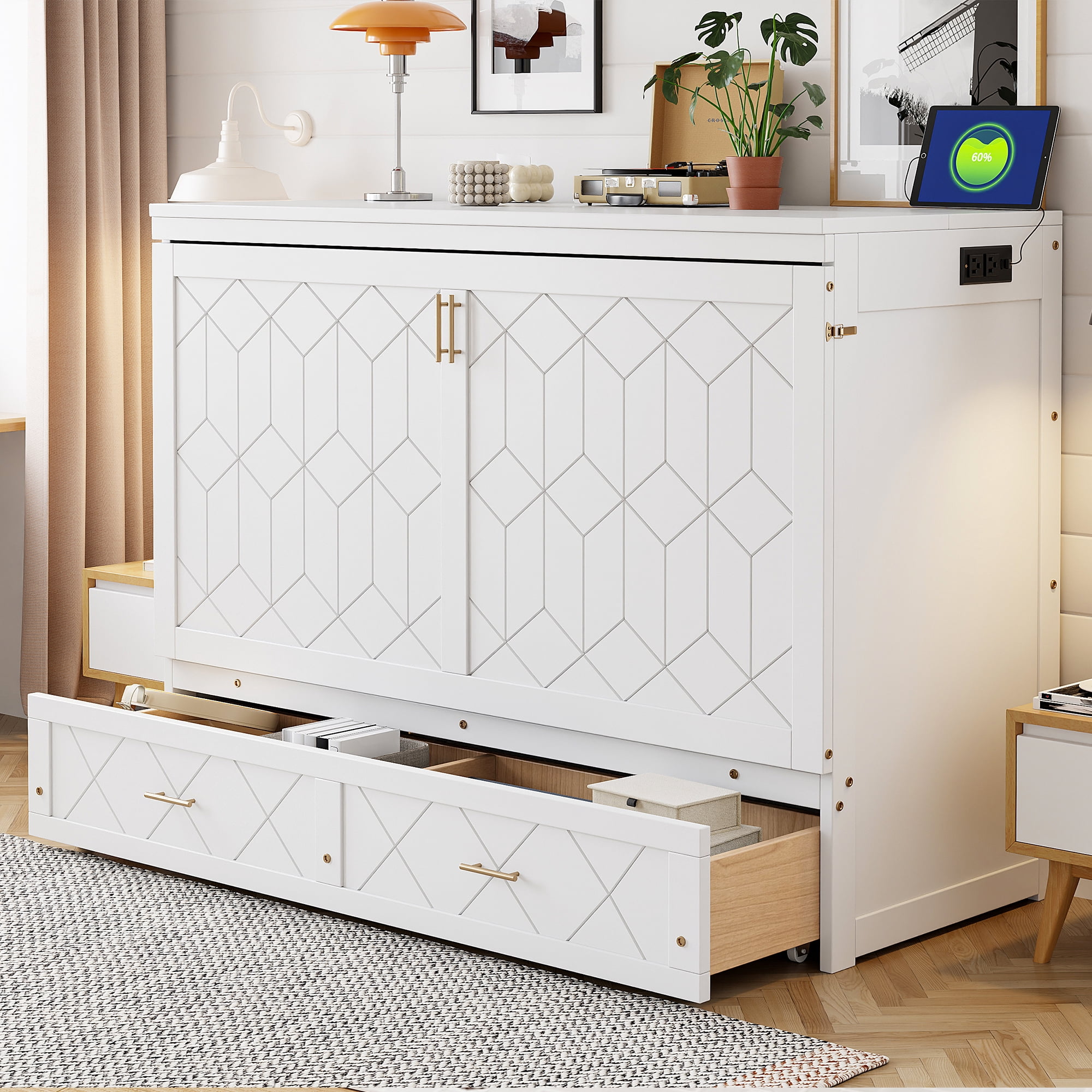 Mintazer Queen Murphy Bed with Storage Drawer & Charging Station, Modern Foldable Cabinet Bed with Geometric Pattern for Bedroom Apartment Guest Room, Gray