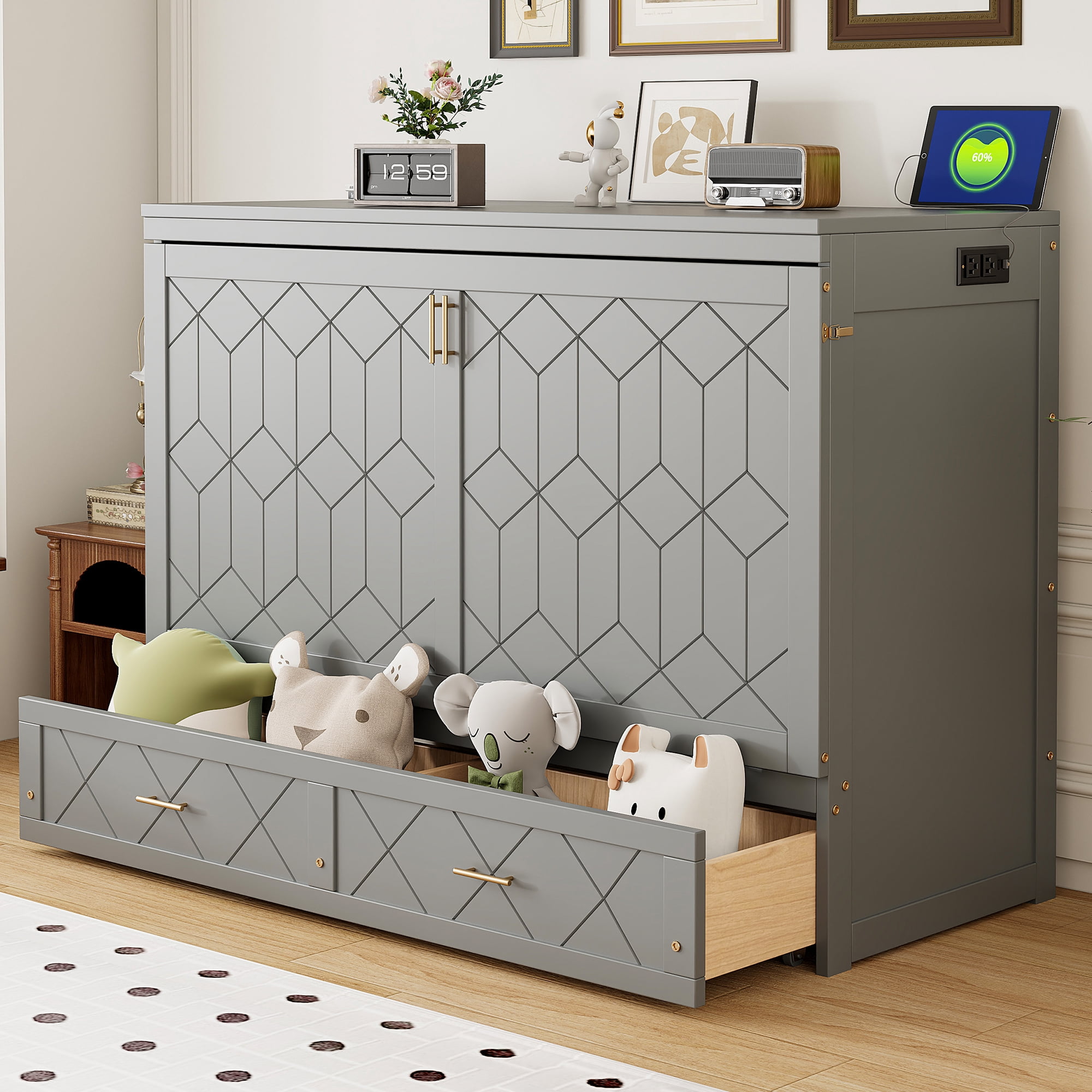 Mintazer Queen Murphy Bed with Storage Drawer & Charging Station, Modern Foldable Cabinet Bed with Geometric Pattern for Bedroom Apartment Guest Room, White