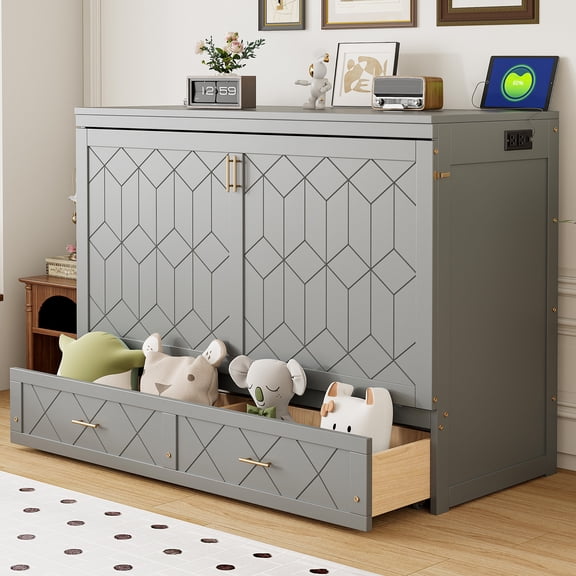 Mintazer Queen Murphy Bed with Storage Drawer & Charging Station, Modern Foldable Cabinet Bed with Geometric Pattern for Bedroom Apartment Guest Room, White