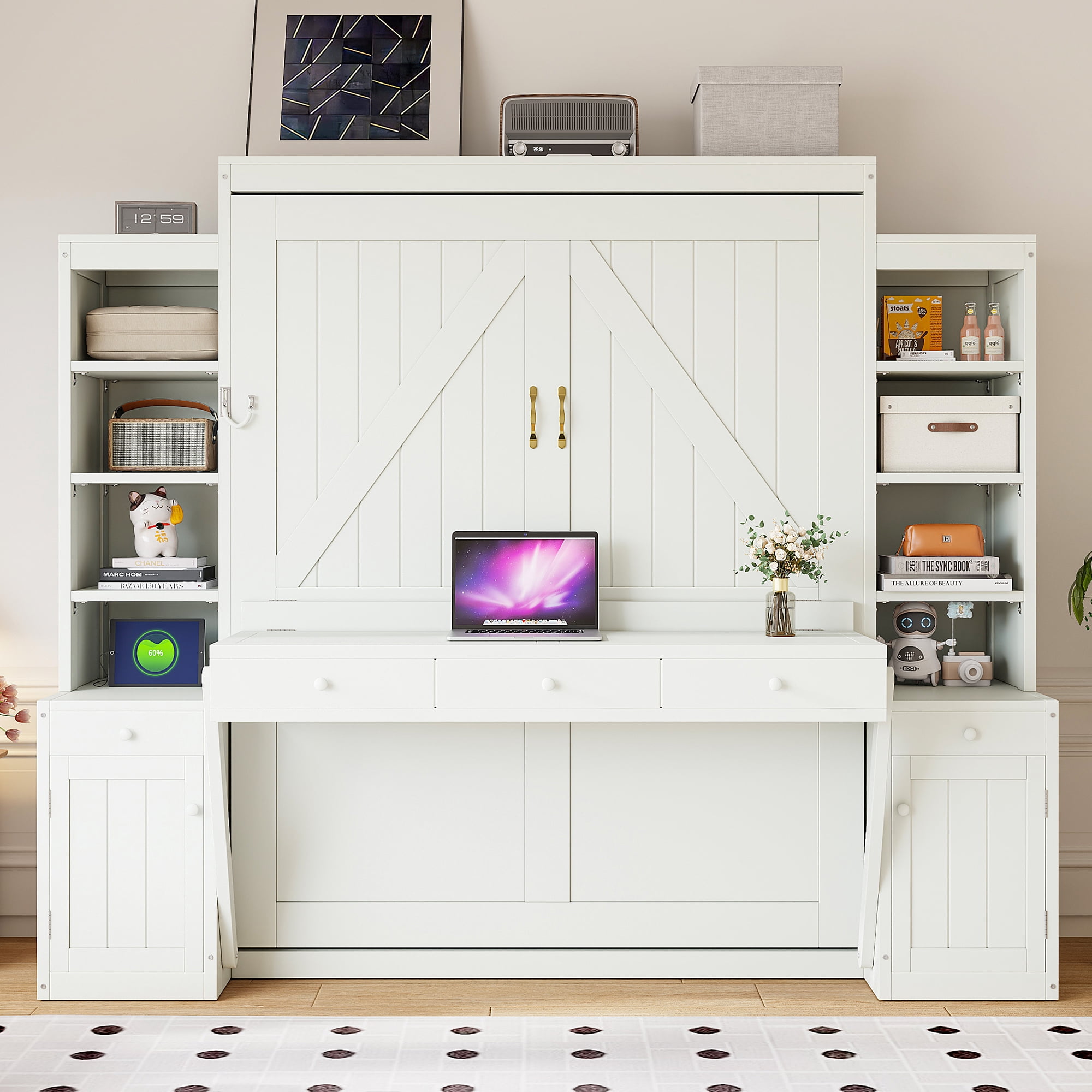 Mintazer Queen Murphy Bed with Desk, Charge Station, Drawers and Storage Shelves, Convertible Wood Wall Platform Bed with Cabinets for Bedroom, White