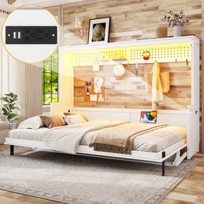 Mintazer Queen Murphy Bed with Desk & Pegboard Storage, Farmhouse Foldable Bed with Charging Station & LED Lighting for Bedroom Guest Room, White