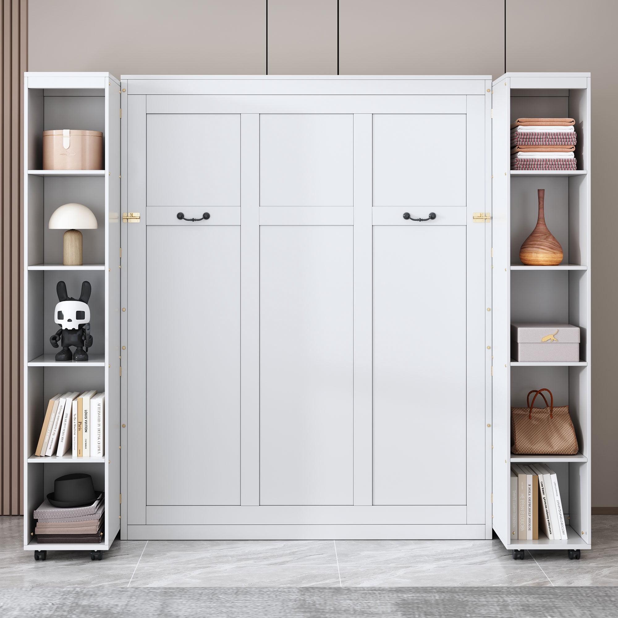 Mintazer Queen Murphy Bed with Pull-Out Storage Cabinets, Modern Foldable Wall Bed with Storage Doors for Bedroom Apartment Guest Room, White