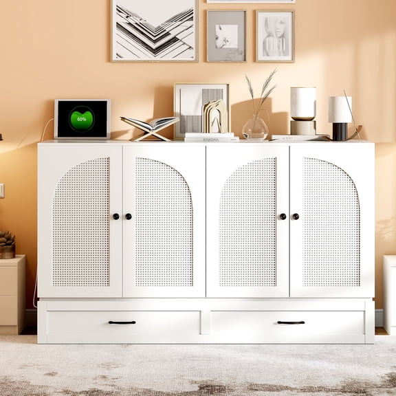 Mintazer Queen Murphy Bed with Rattan Cabinet & Storage Drawer, Modern Foldable Cabinet Bed with USB Port for Bedroom Apartment Guest Room, White