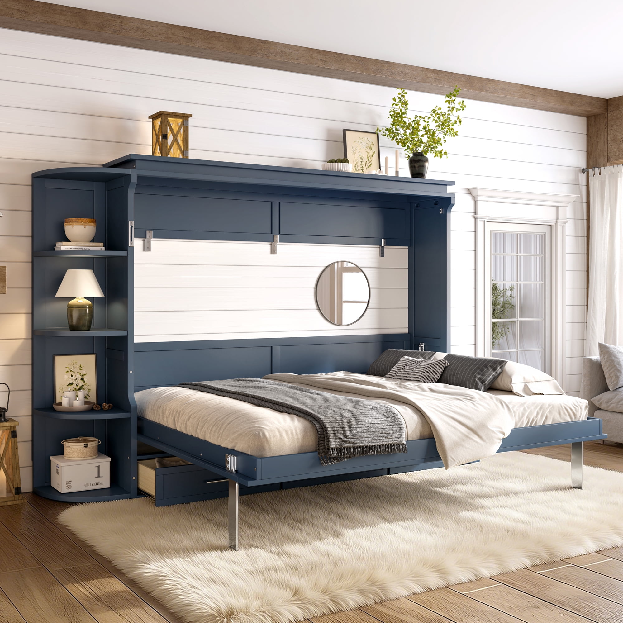 Mintazer Queen Murphy Bed with Side Cabinets & 3 Drawers, Wall Foldable Bed with Storage for Bedroom Guest Room Home Office, Blue