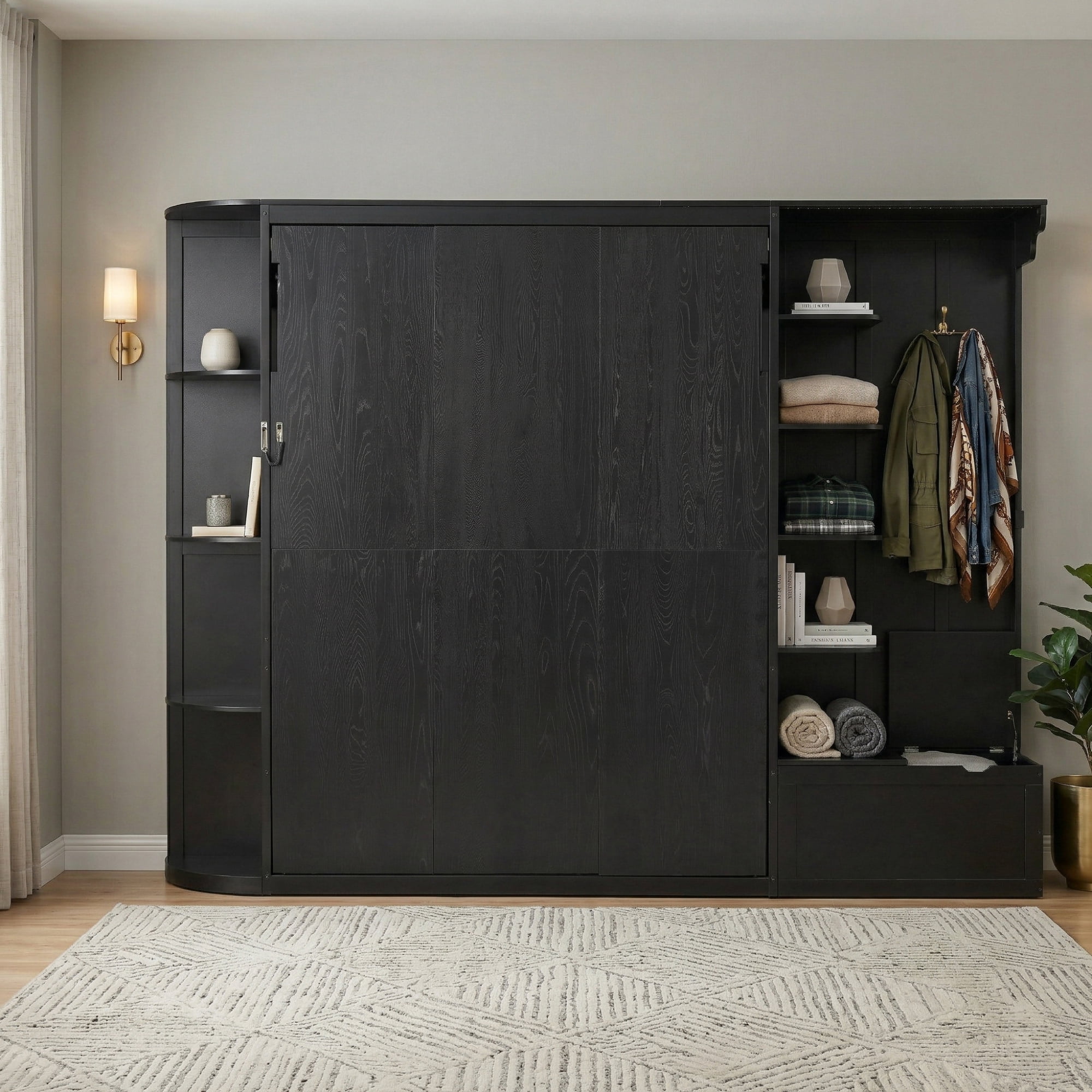 Mintazer Queen Murphy Bed with Side Shelves & LED Lights, Modern Foldable Wall Bed for Bedroom Apartment Guest Room, Black
