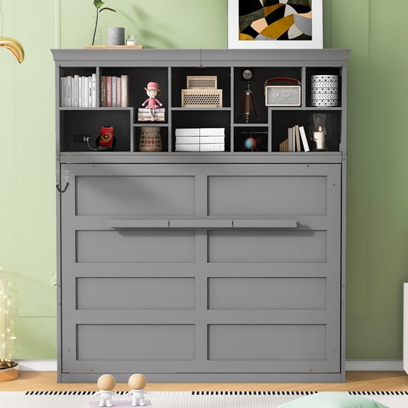 Mintazer Queen Murphy Bed with Top Storage Shelf, Modern Foldable Wall Bed with Charging Station for Bedroom Apartment Guest Room, Gray