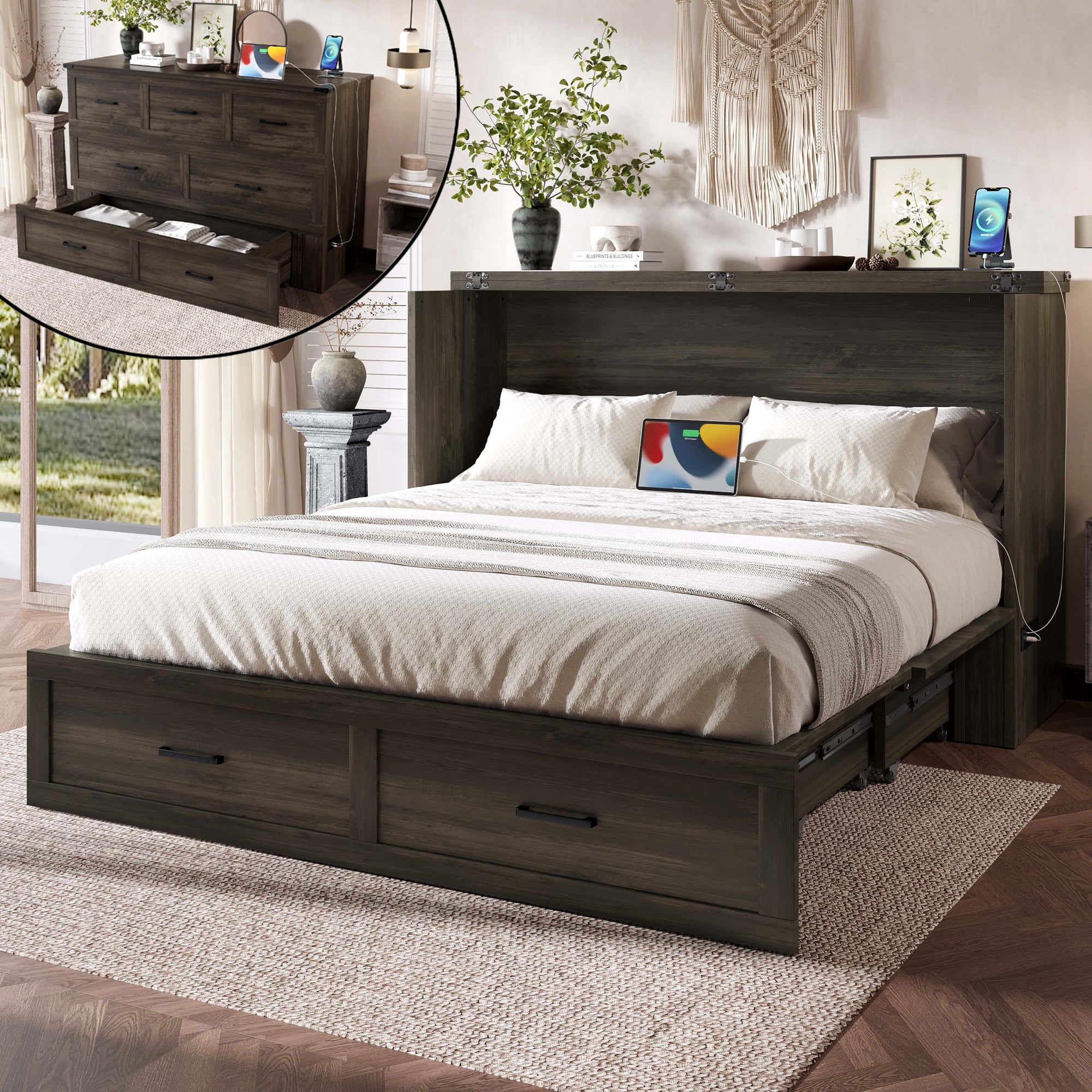 Mintazer Queen Murphy Cabinet Bed with Charging Station & Large Storage Drawer, MultiFunctional Foldable Platform Bed for Guest Room Bedroom, Brown