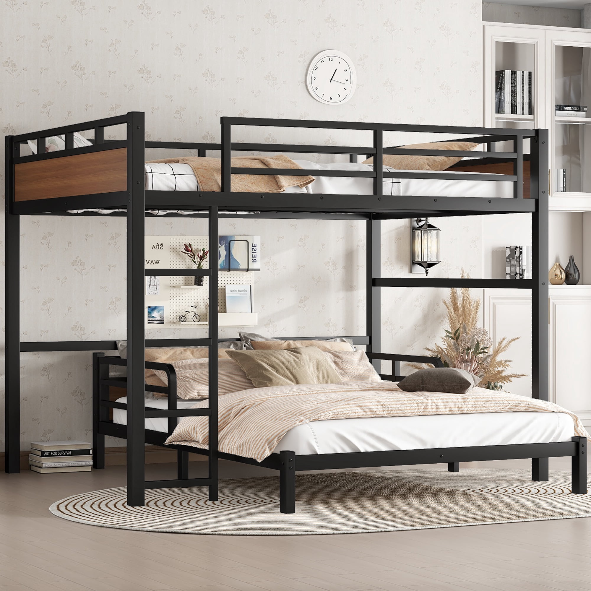 Mintazer Queen Over Queen Metal Bunk Bed, Convertible to 2 Separate Beds, Separable Bunk Bed Frame with Guardrails for Teens Adults, Black & Brown