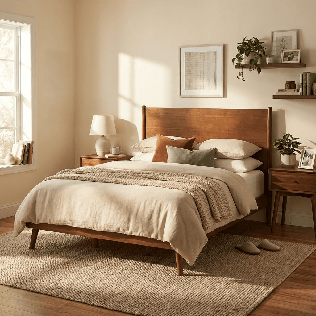 Mintazer Queen Platform Bed Frame, Mid-Century Bed with Panel Headboard & Splayed Legs, No Box Spring Required, Brown
