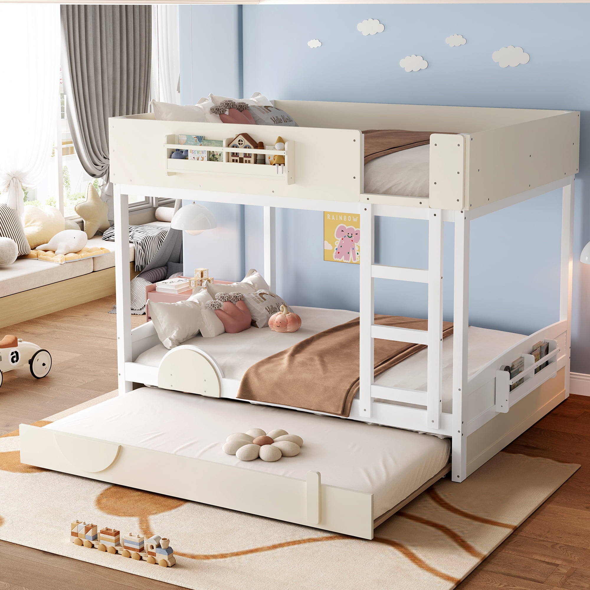 Mintazer Queen Over Queen Car Themed Bunk Bed with Trundle & Bookshelf, Modern Bunk Bed with Guardrail for Kids, White & Beige