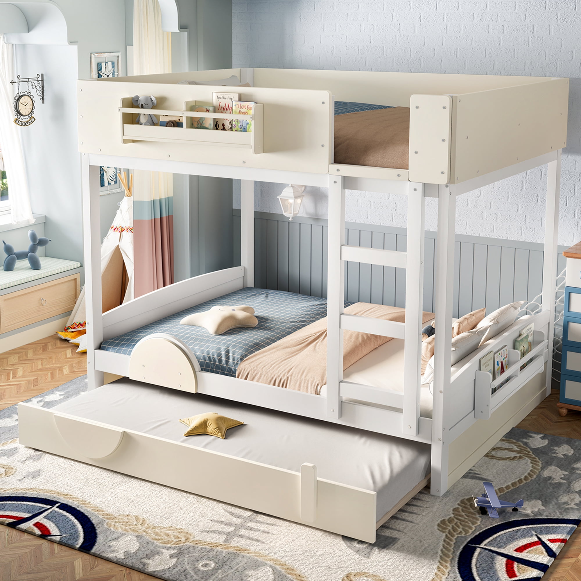 Mintazer Full Over Full Car Themed Bunk Bed with Trundle & Bookshelf, Modern Bunk Bed with Guardrail for Kids, White & Beige