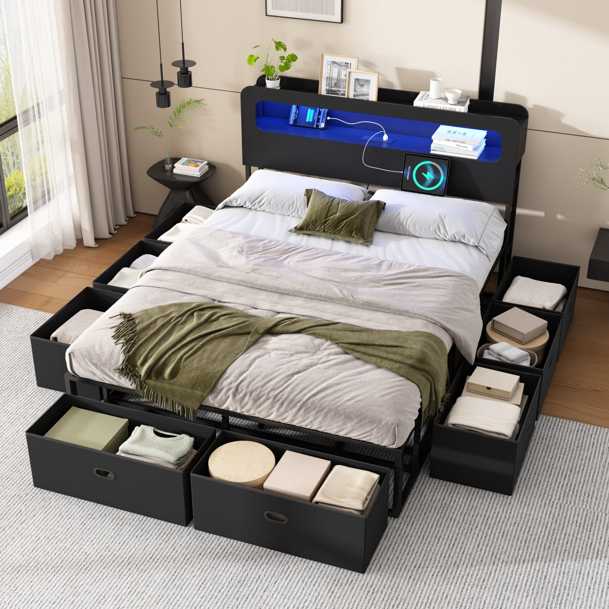 Mintazer Queen Size Bed Frame with LED Headboard, Modern Platform Bed Frame with Charging Station & 8 Fabric Underbed Storage Drawers, Black