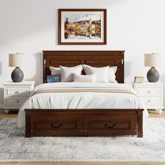 Mintazer Queen Size Bed Frame with LED Light & Charging Station, Modern Platform Bed with 2 Storage Drawers & Tall-Panel Headboard, Walnut