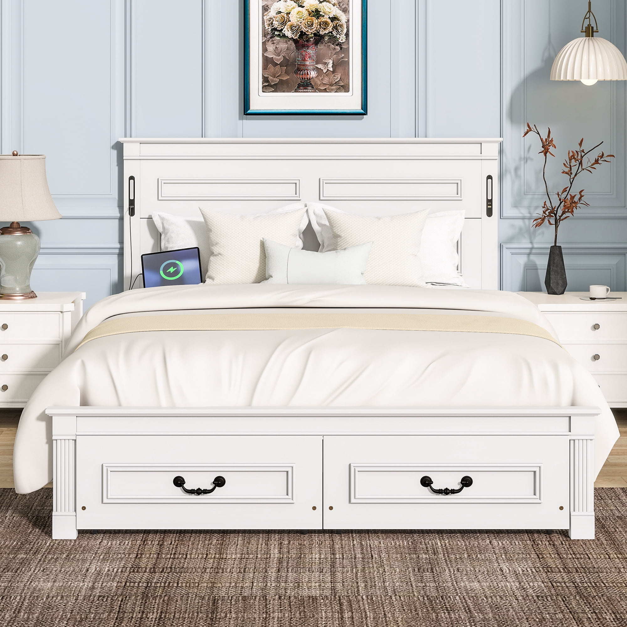 Mintazer Queen Size Bed Frame with LED Light & Charging Station, Modern Platform Bed with 2 Storage Drawers & Tall-Panel Headboard, White