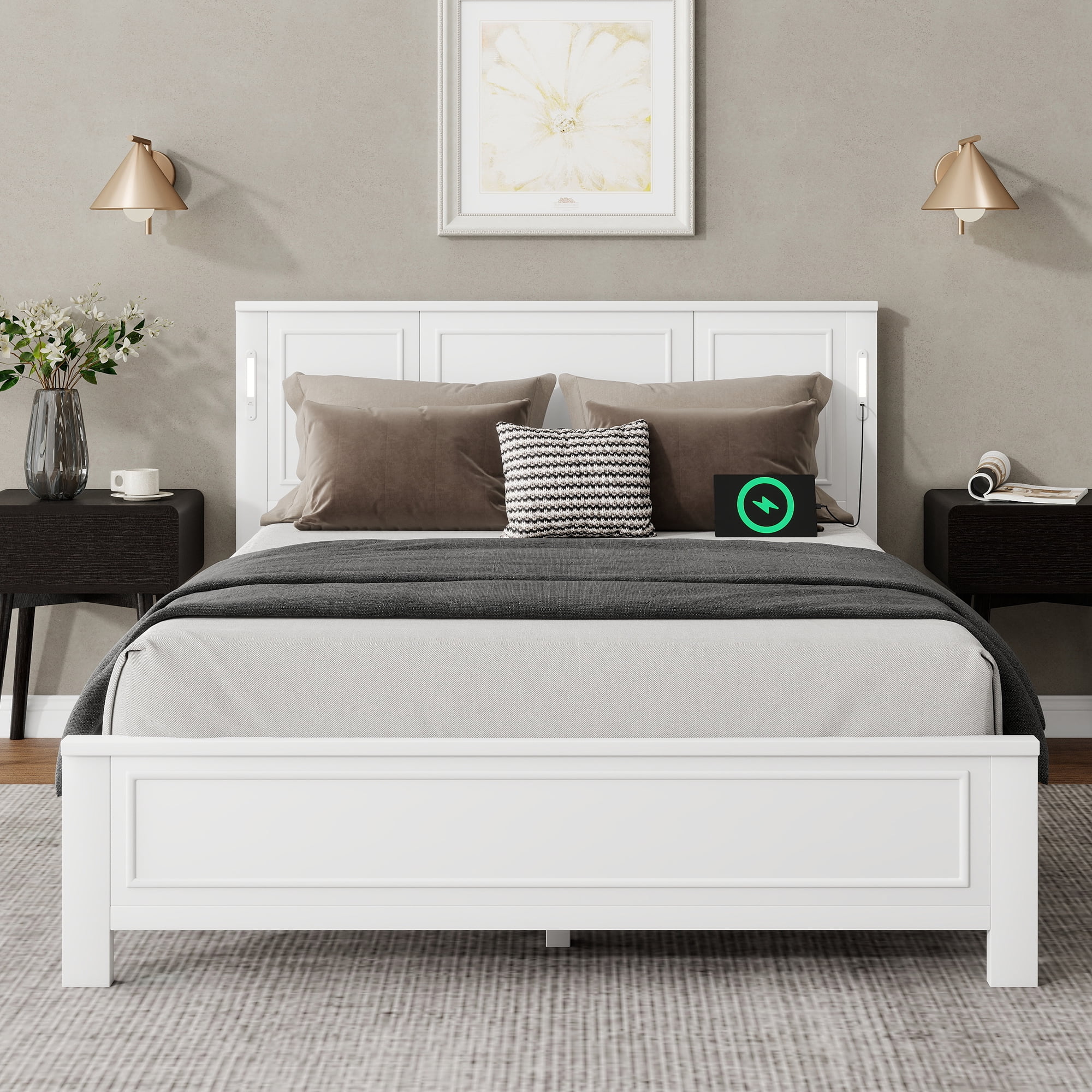 Mintazer Queen Size Bed Frame with LED Light & USB Charging Station, Modern Platform Bed with Under-Bed Storage & Tall-Panel Headboard, White