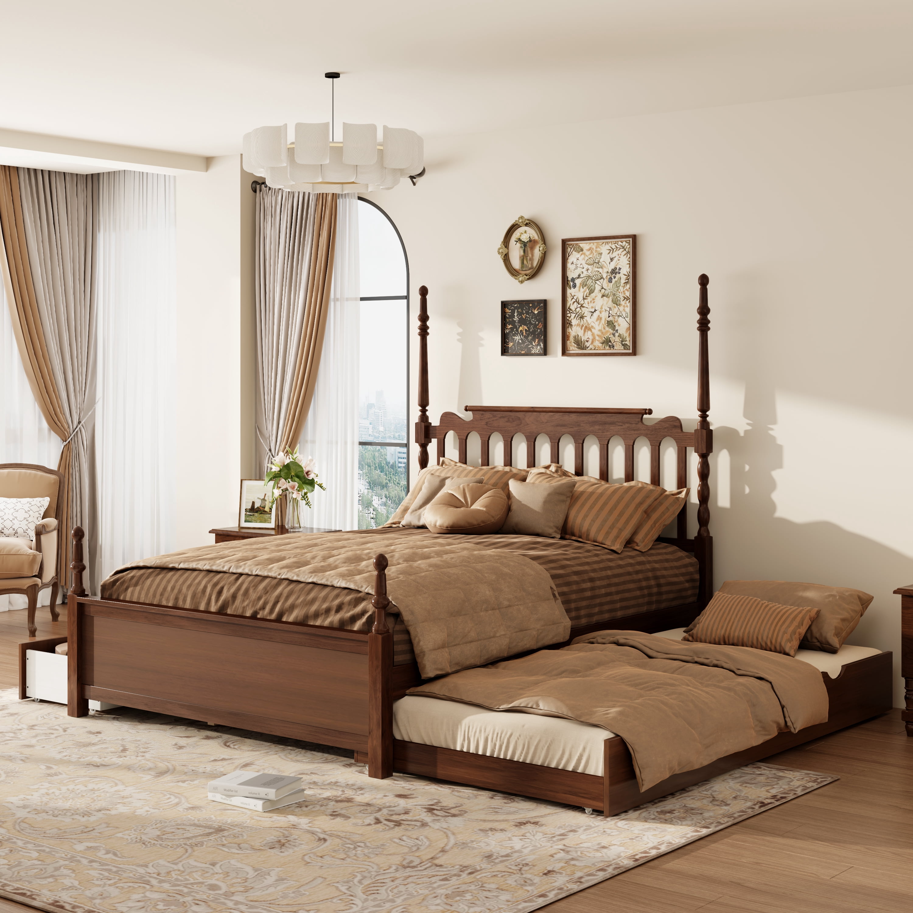 Mintazer Queen Size Bed Frame with Twin‑XL Trundle Bed & 2 Storage Drawers, Spindle Headboard Platform Bed for Bedroom, Walnut