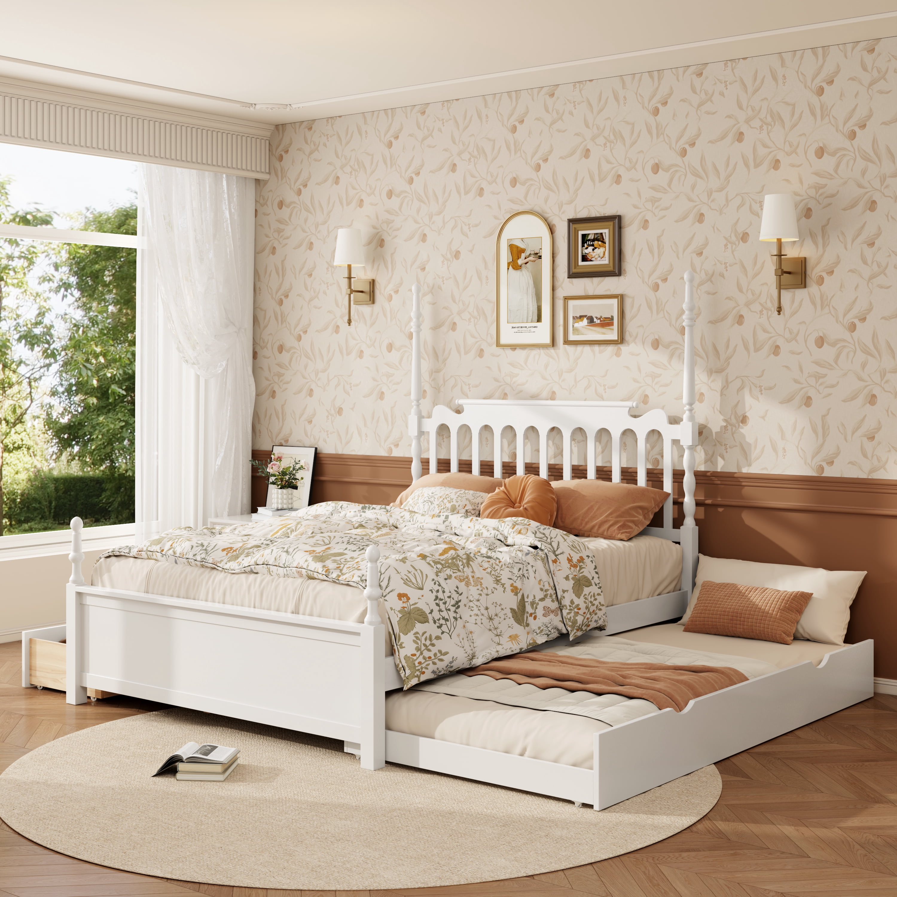 Mintazer Queen Size Bed Frame with Twin‑XL Trundle Bed & 2 Storage Drawers, Spindle Headboard Platform Bed for Bedroom, White