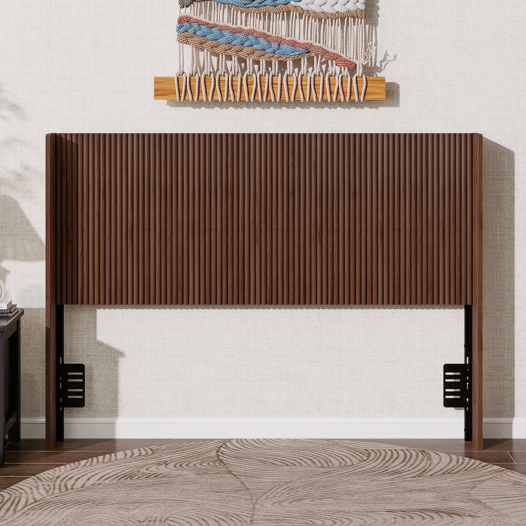 Mintazer Queen Size Farmhouse Fluted Storage Headboard with Shelf & Charging Storage, Freestanding Adjustable Height Headboard for Queen Beds, Walnut