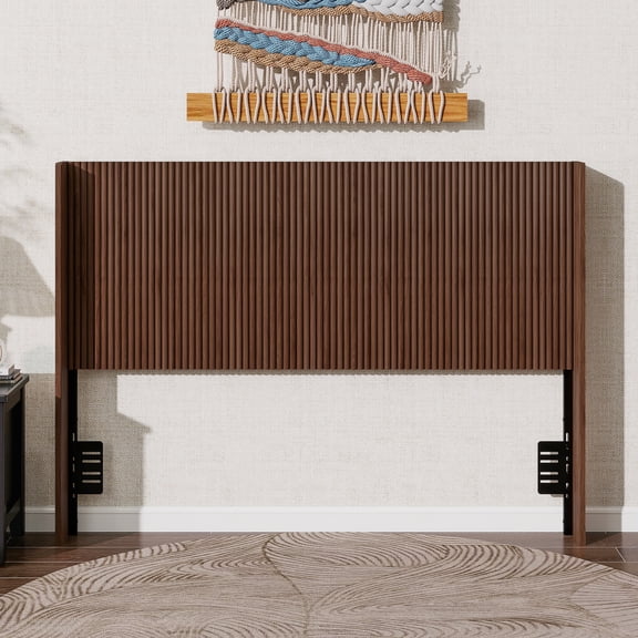 Mintazer Queen Size Farmhouse Fluted Storage Headboard with Shelf & Charging Storage, Freestanding Adjustable Height Headboard for Queen Beds, Walnut