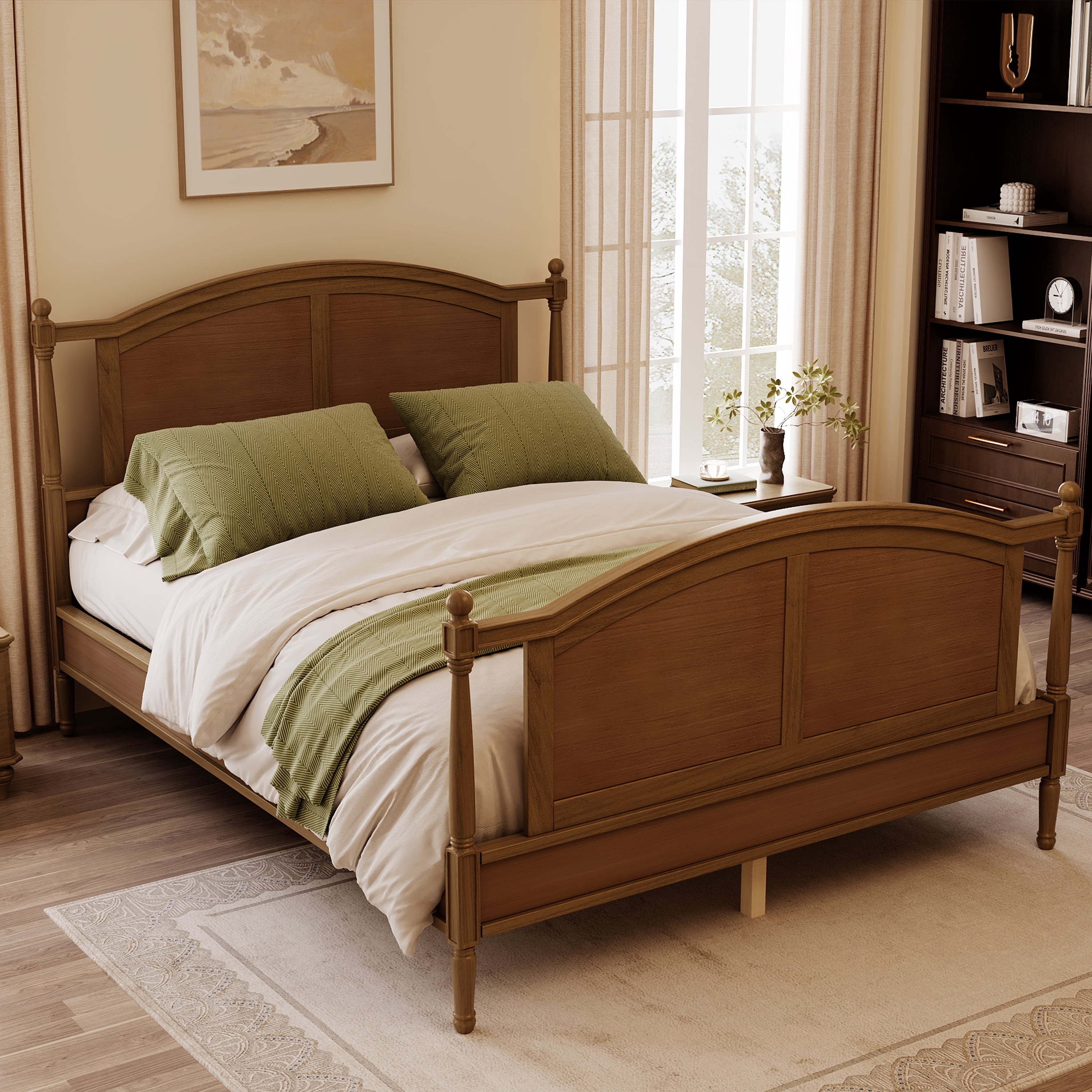 Mintazer Queen Size Farmhouse Platform Bed Frame with Arched Panel Headboard & Footboard, Cottage Panel Bed Frame with Spindle Posts & Slat Support for Bedroom Guest Room, Walnut