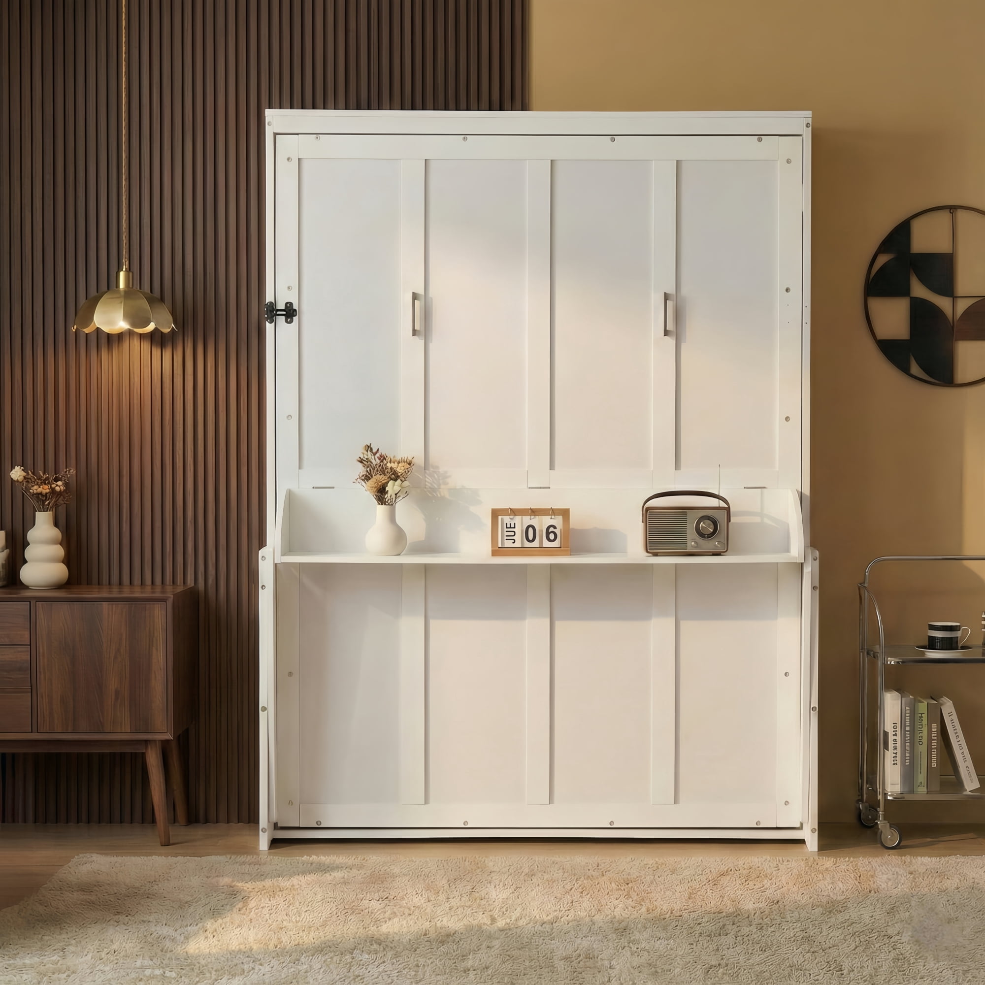 Mintazer Queen Size Foldable Murphy Bed with Shelf, Wall Cabinet Bed for Living Room Bedroom Apartment, White